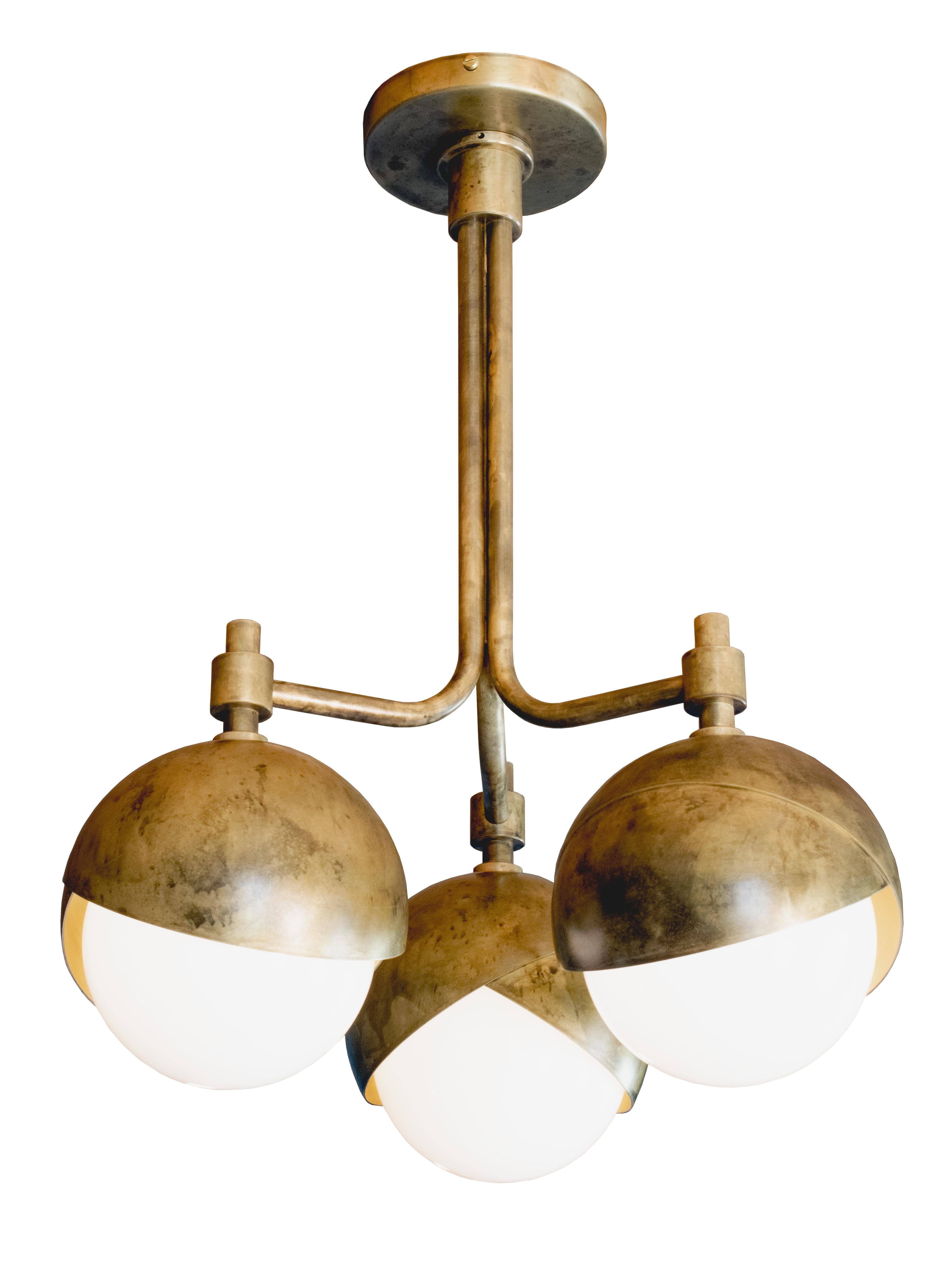 Benedict Three Light Lantern in Antique Brass with Opal Glass  For Sale