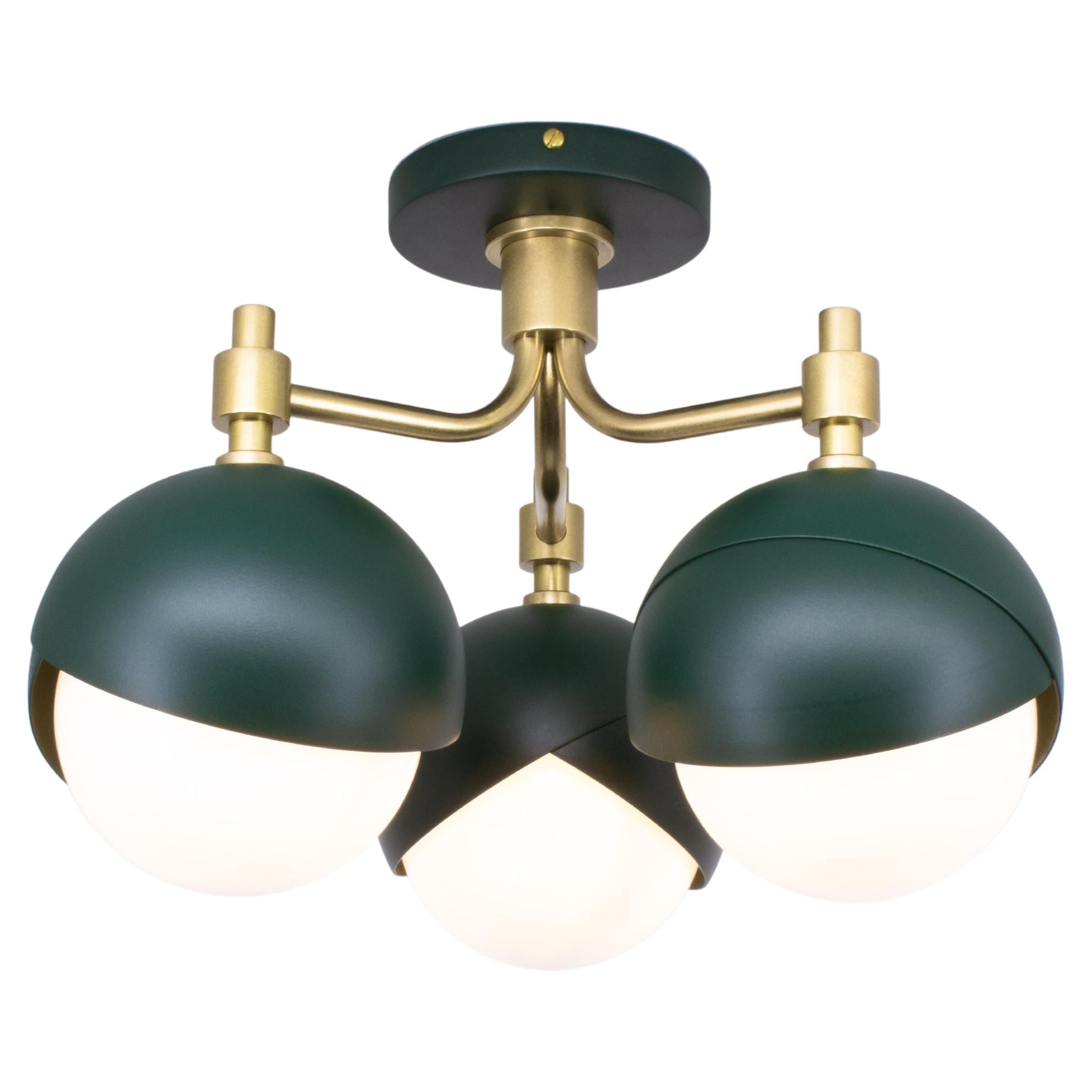 Benedict Three Light Lantern in Matte Green Powder Coat and Burnished Brass For Sale