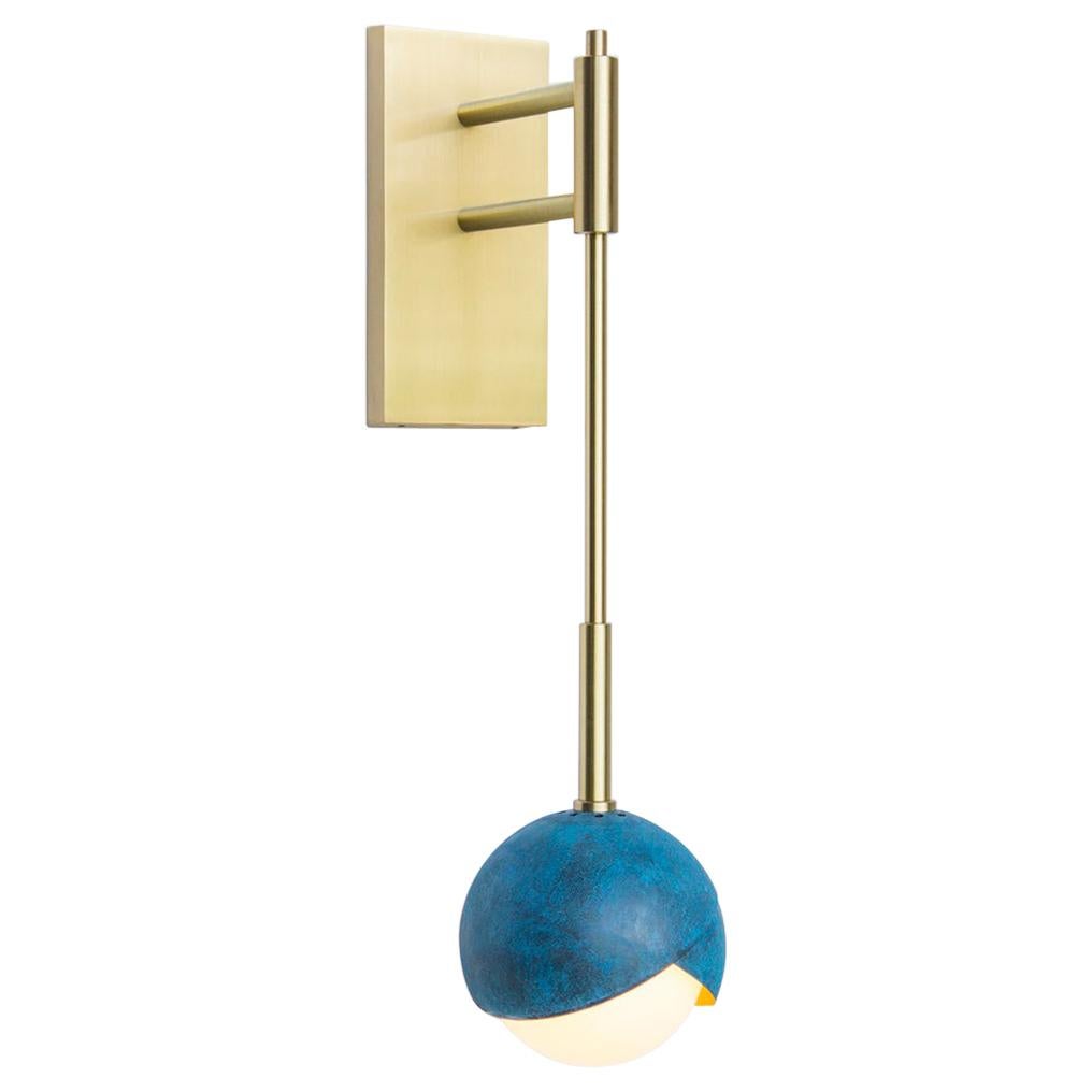 Benedict Truss Sconce in Prussian Blue and Satin Brass with White Opal Glass For Sale