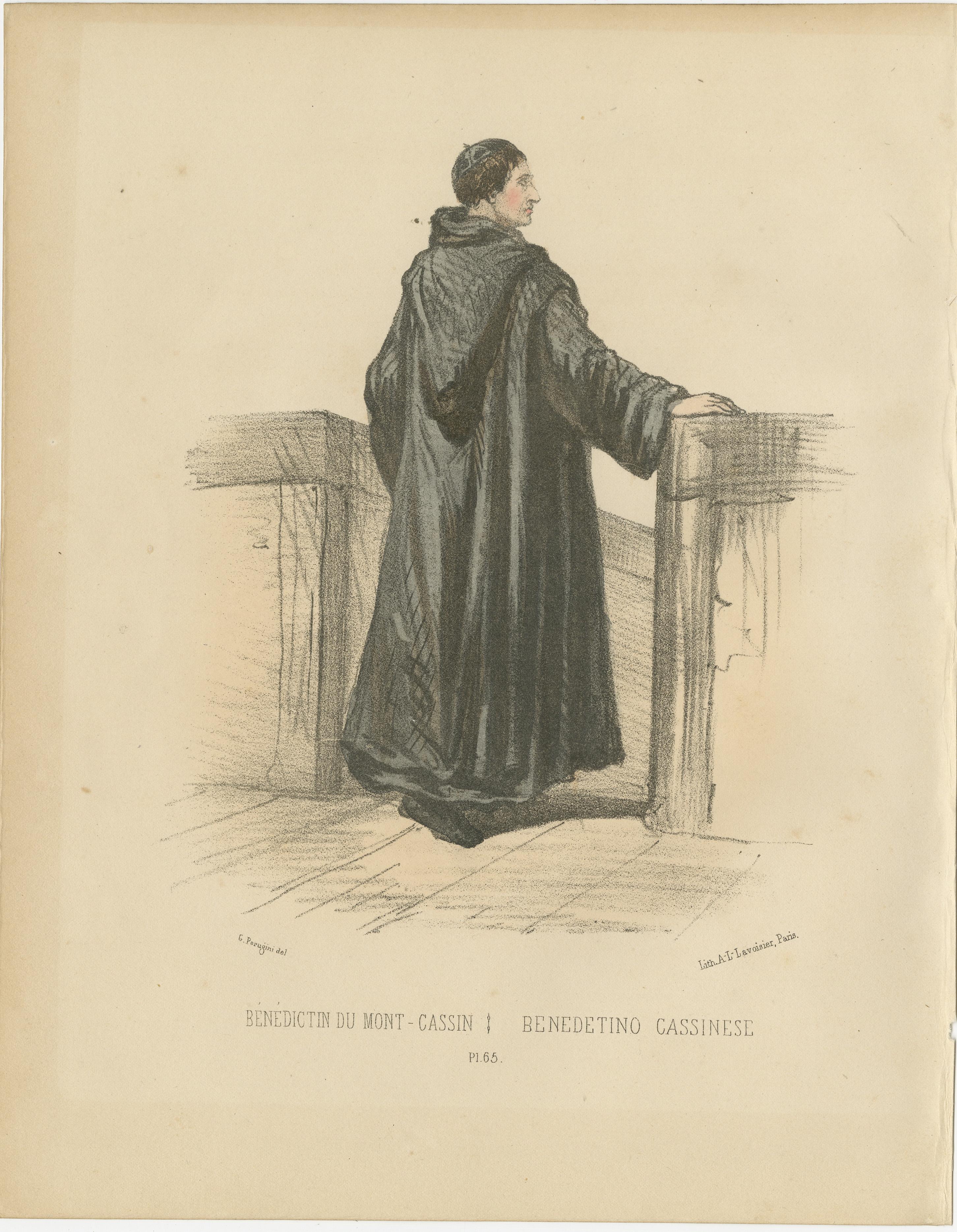 Bénédictin du Mont-Cassin - 1862 Hand-Colored Lithograph of a Benedictine Monk of Monte Cassino  

This 1862 hand-colored lithograph portrays a Bénédictin du Mont-Cassin, or Benedictine Monk of Monte Cassino, dressed in the characteristic black