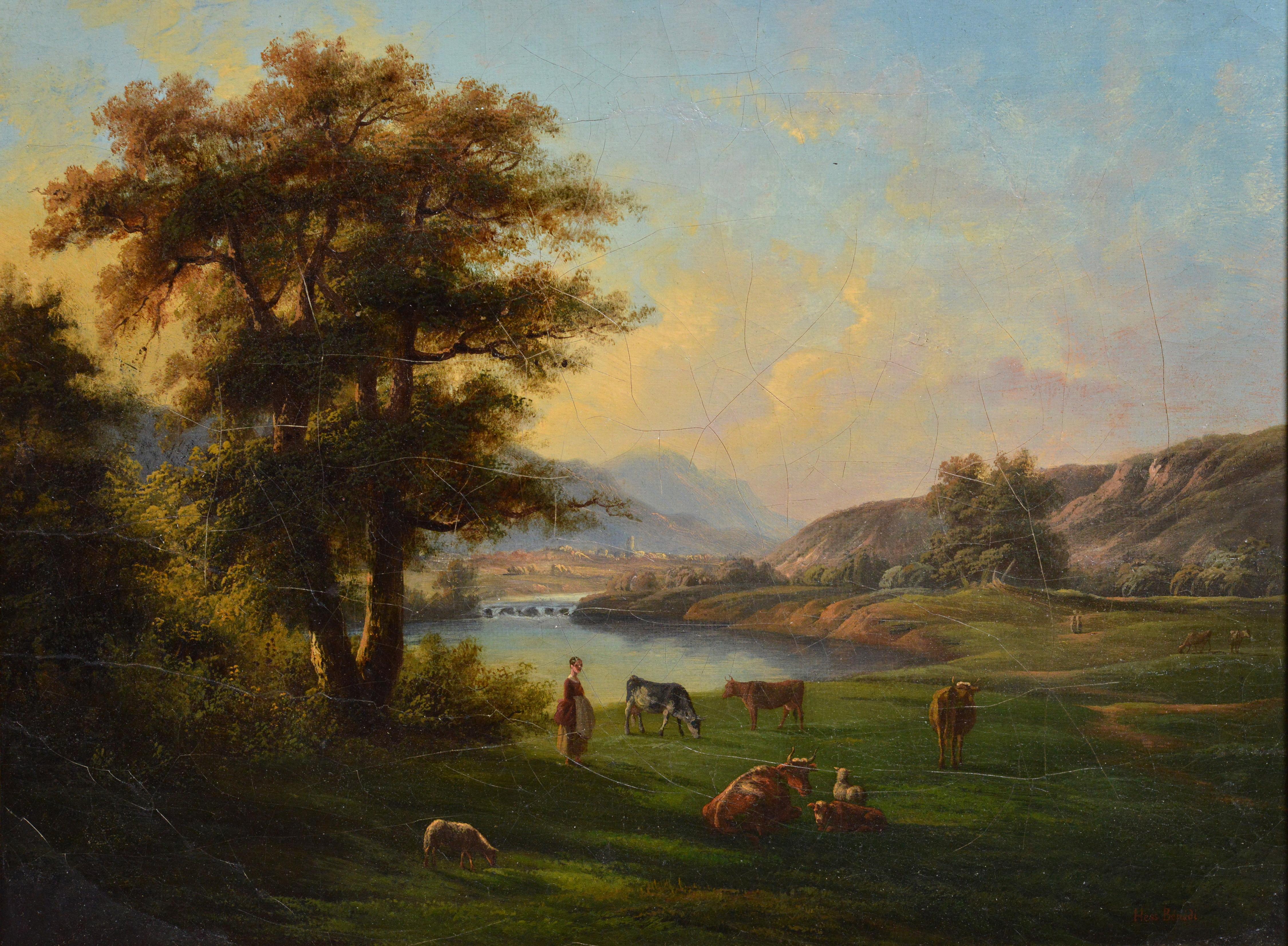 Swiss Pastoral landscape Alpine valley at sunset 19th century Oil painting  - Painting by Benedikt Franz Hess