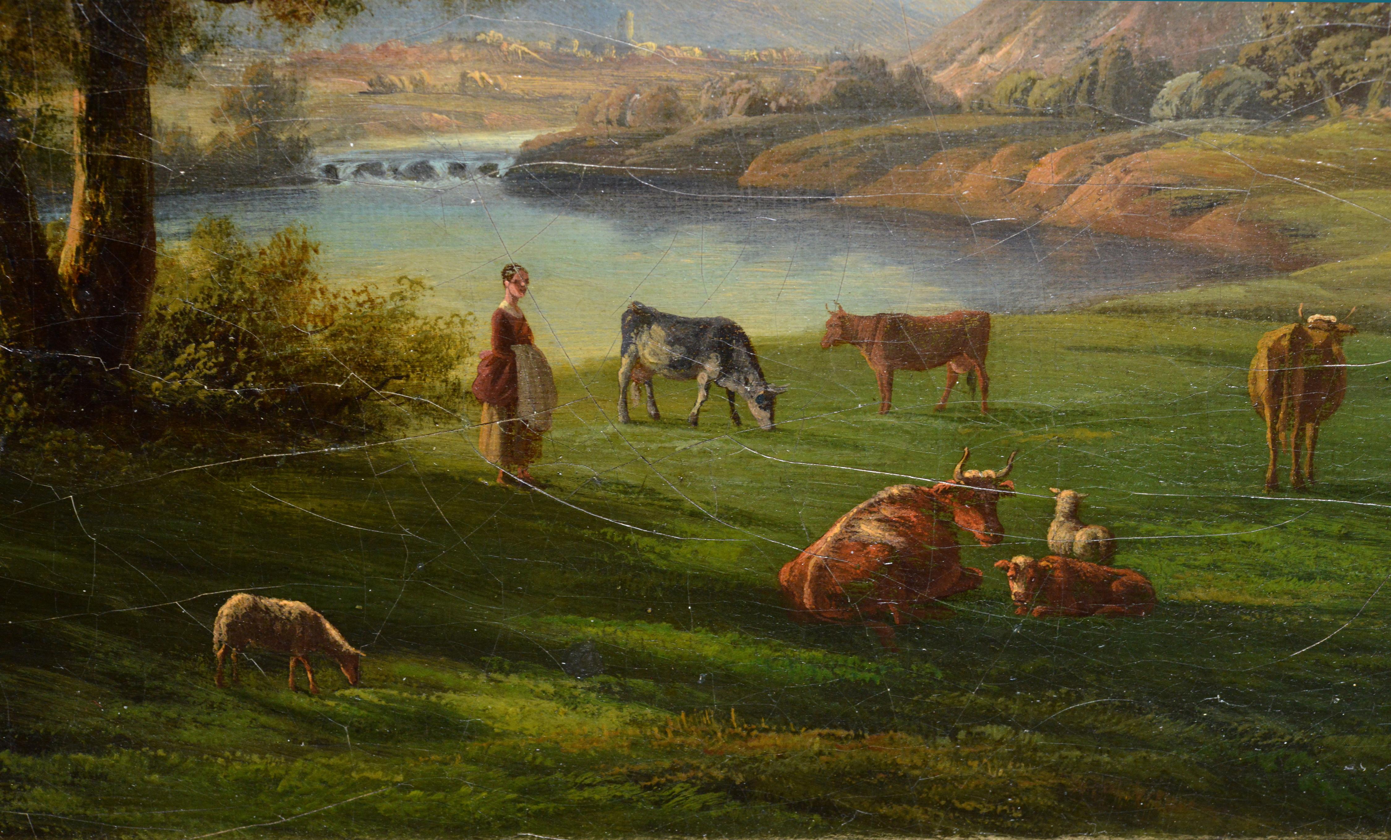 Swiss Pastoral landscape Alpine valley at sunset 19th century Oil painting  For Sale 2