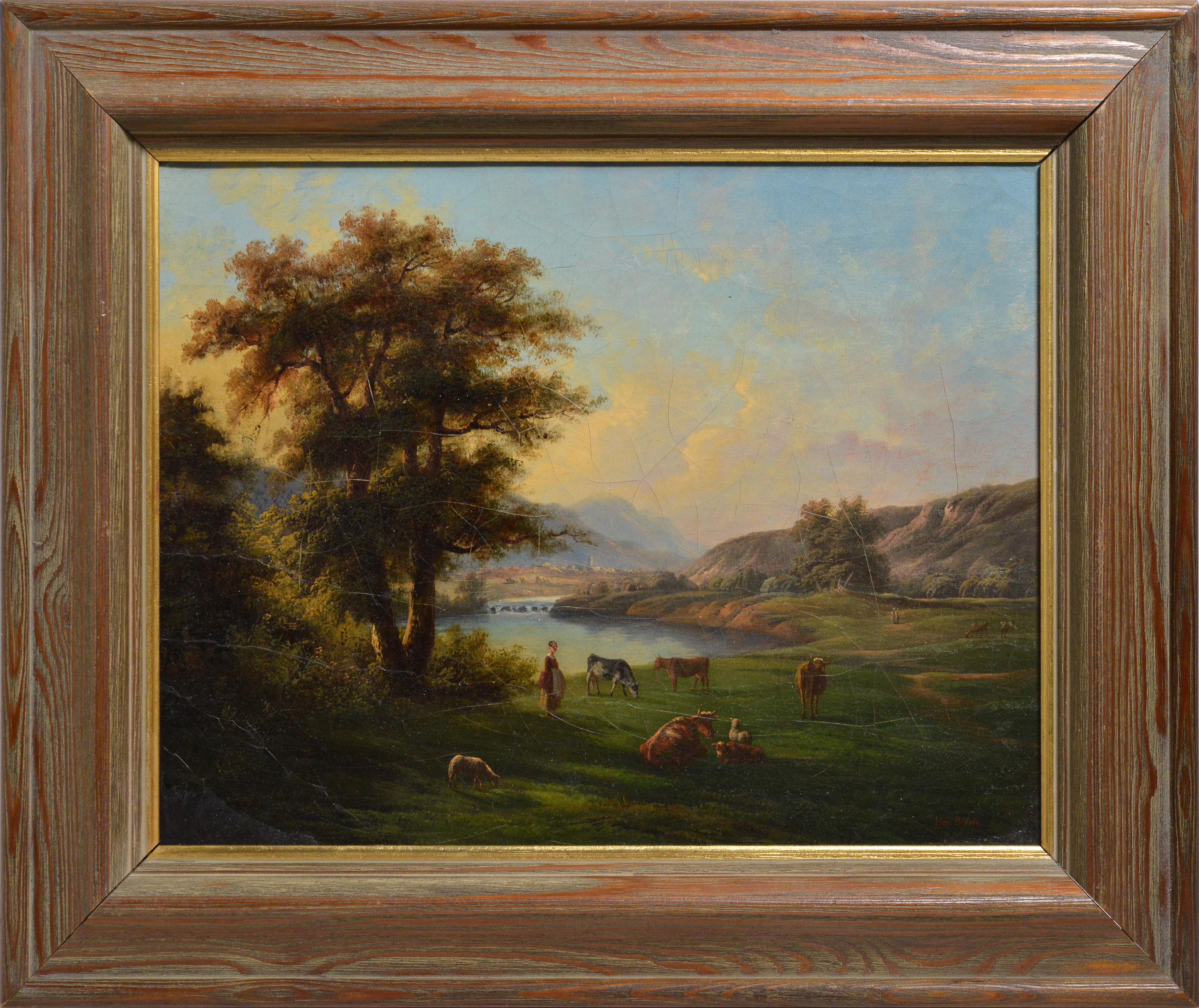 Swiss Pastoral landscape Alpine valley at sunset 19th century Oil painting 