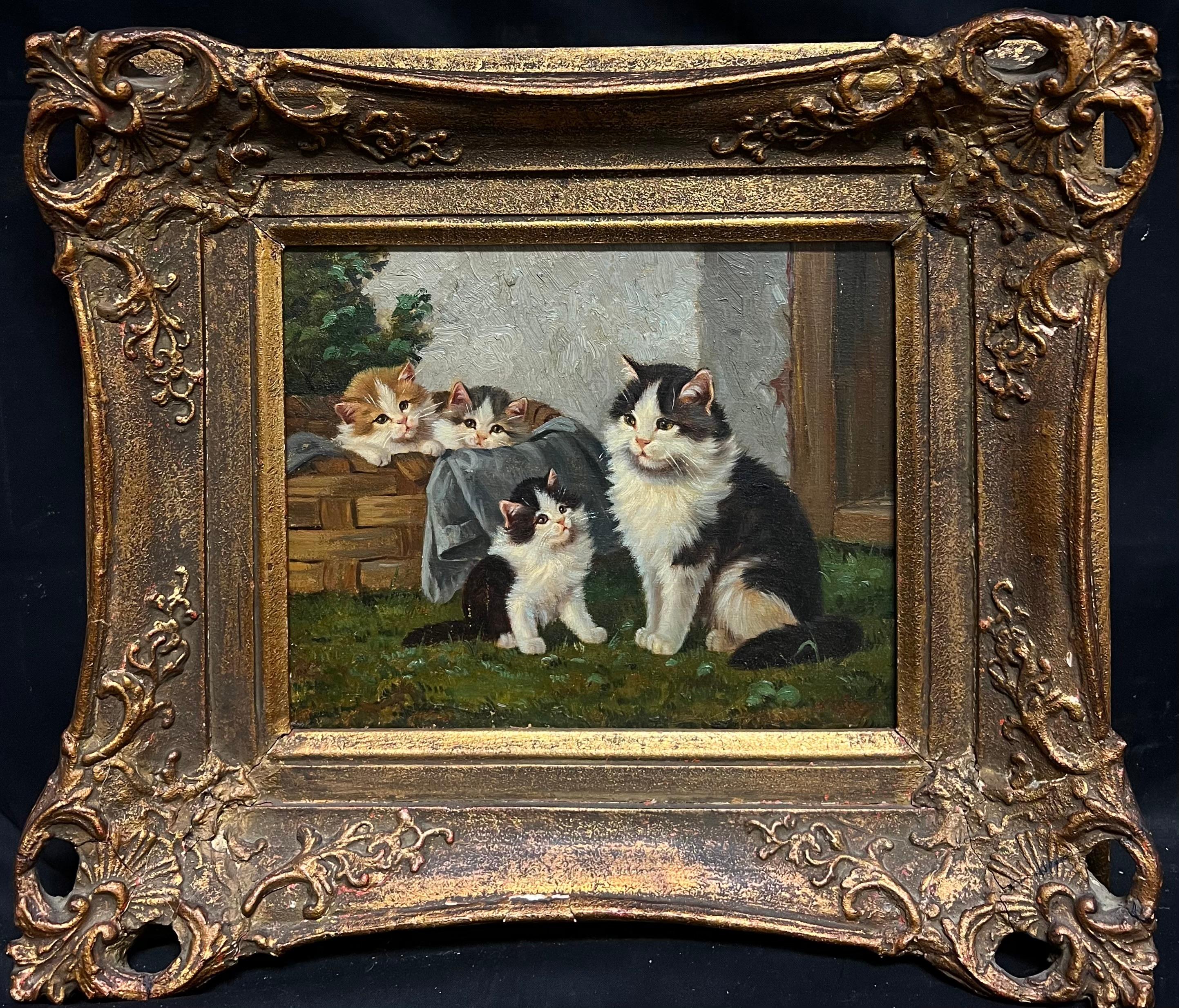 Gatitos jugando con gato Pintura al óleo sobre lienzo firmada en alemán antiguo - Painting de Benedikt Paul Kögl 
