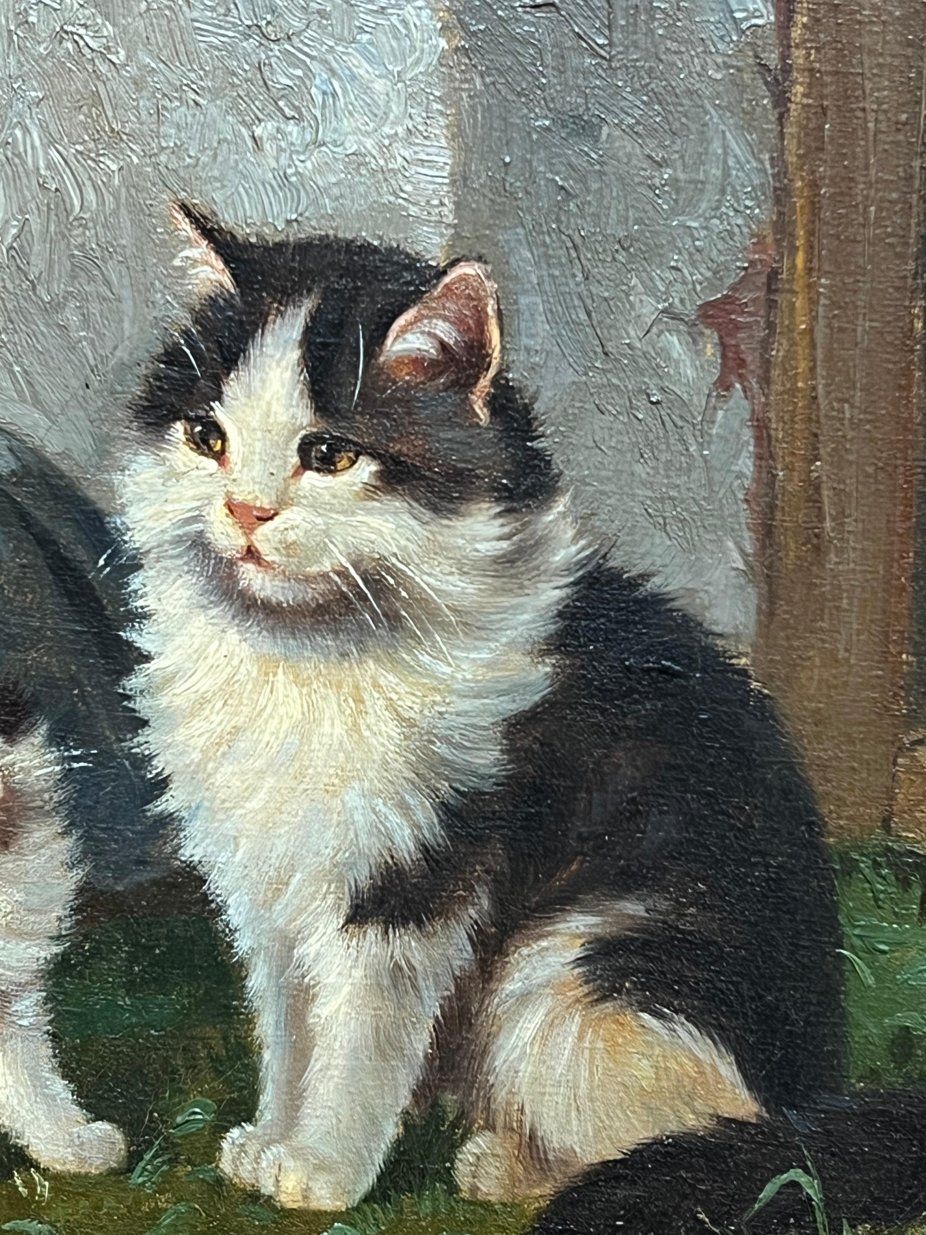 Gatitos jugando con gato Pintura al óleo sobre lienzo firmada en alemán antiguo - Painting Impresionista de Benedikt Paul Kögl 