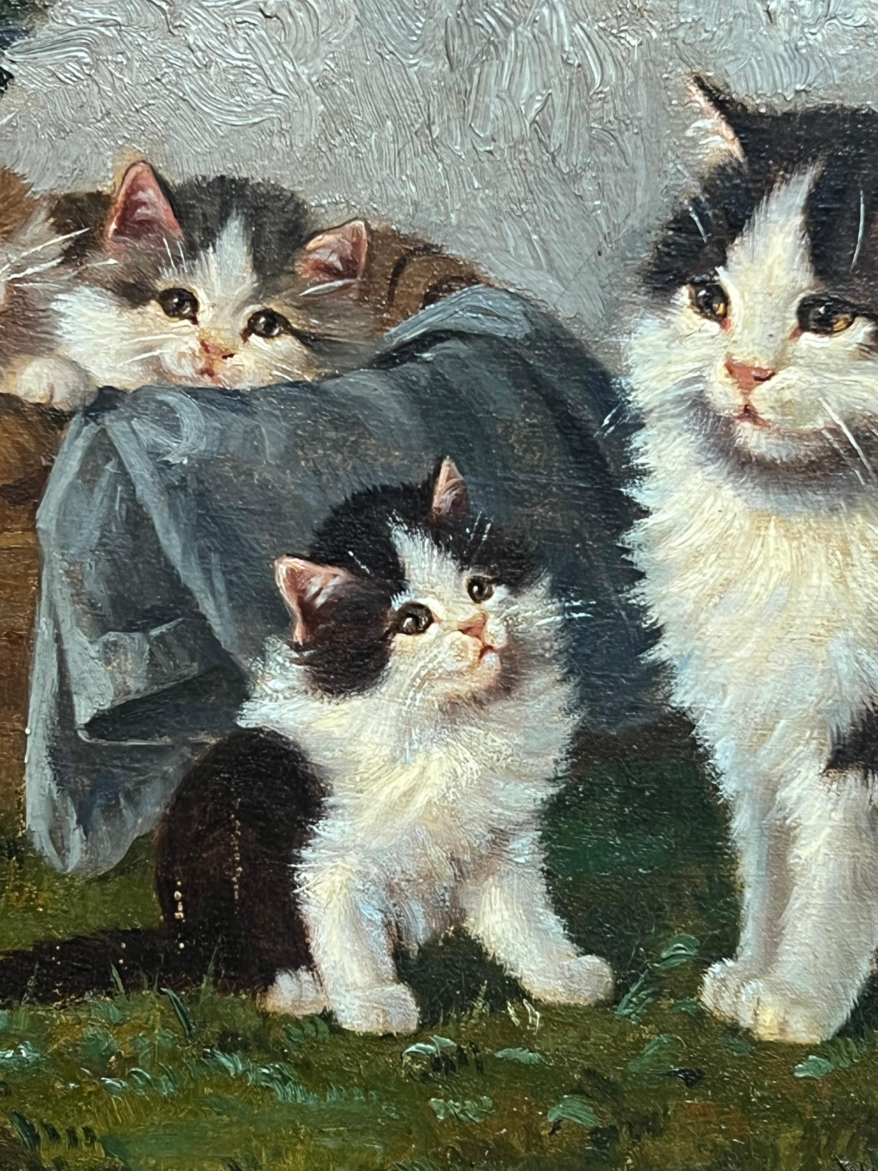 Gatitos jugando con gato Pintura al óleo sobre lienzo firmada en alemán antiguo - Landscape Painting Negro de Benedikt Paul Kögl 