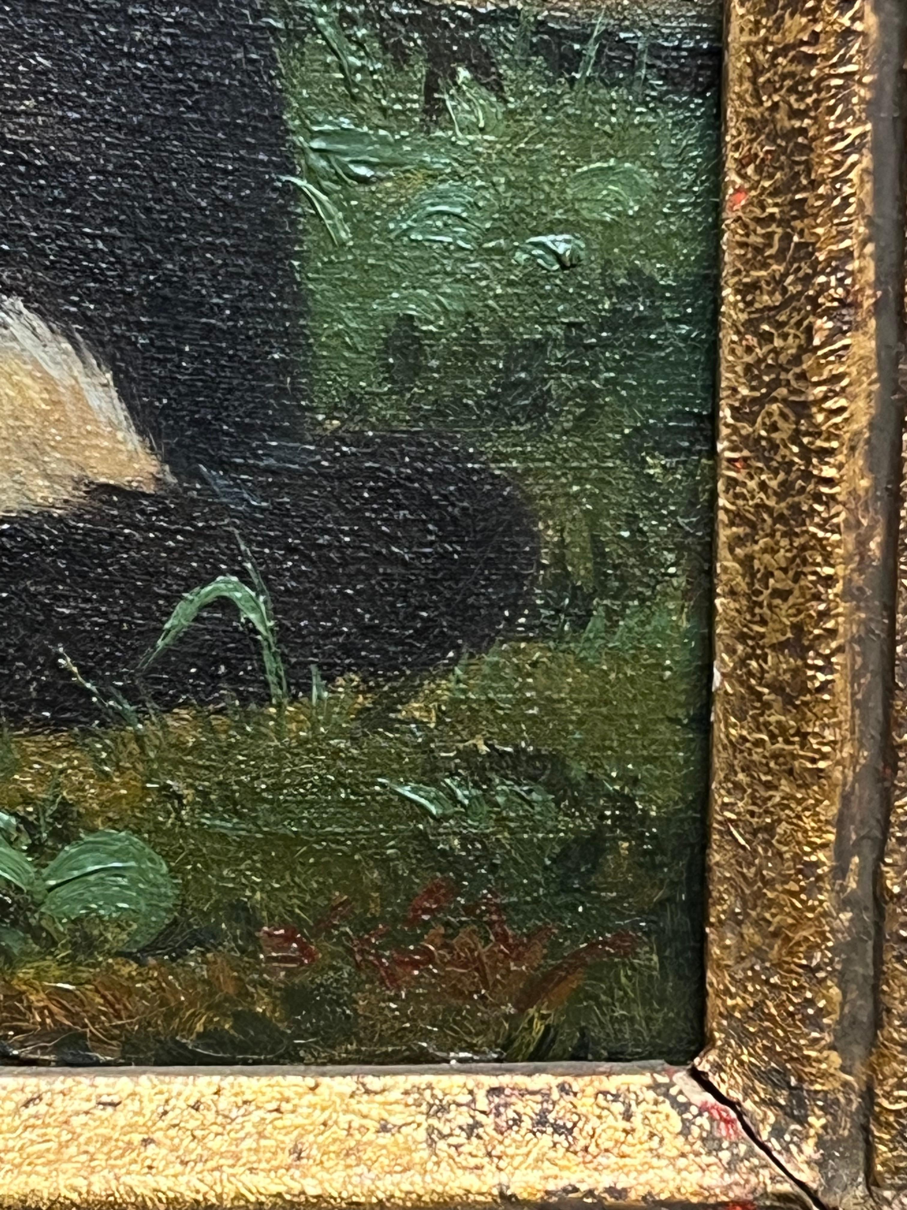 Gatitos jugando con gato Pintura al óleo sobre lienzo firmada en alemán antiguo en venta 1