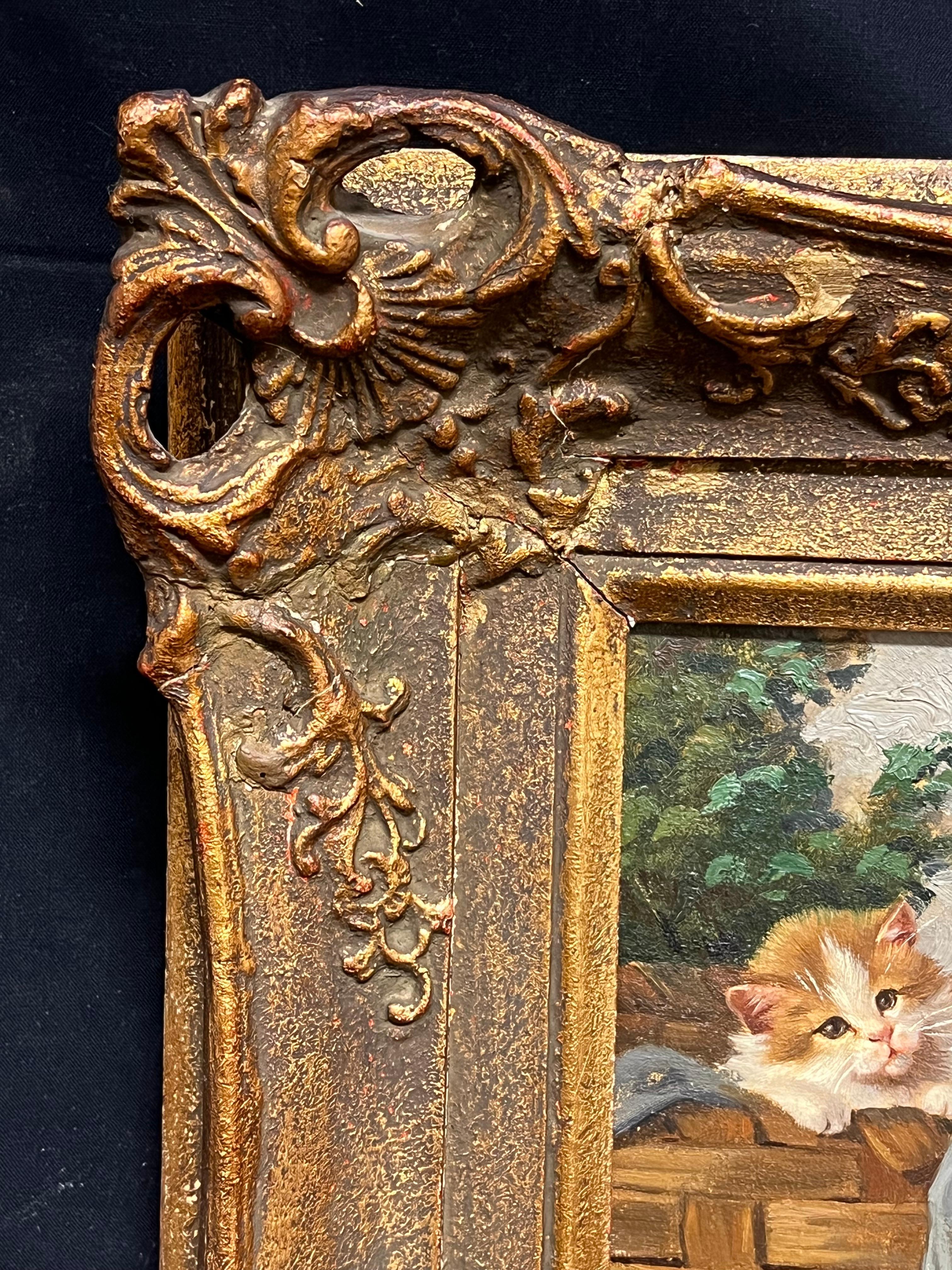 Gatitos jugando con gato Pintura al óleo sobre lienzo firmada en alemán antiguo en venta 2