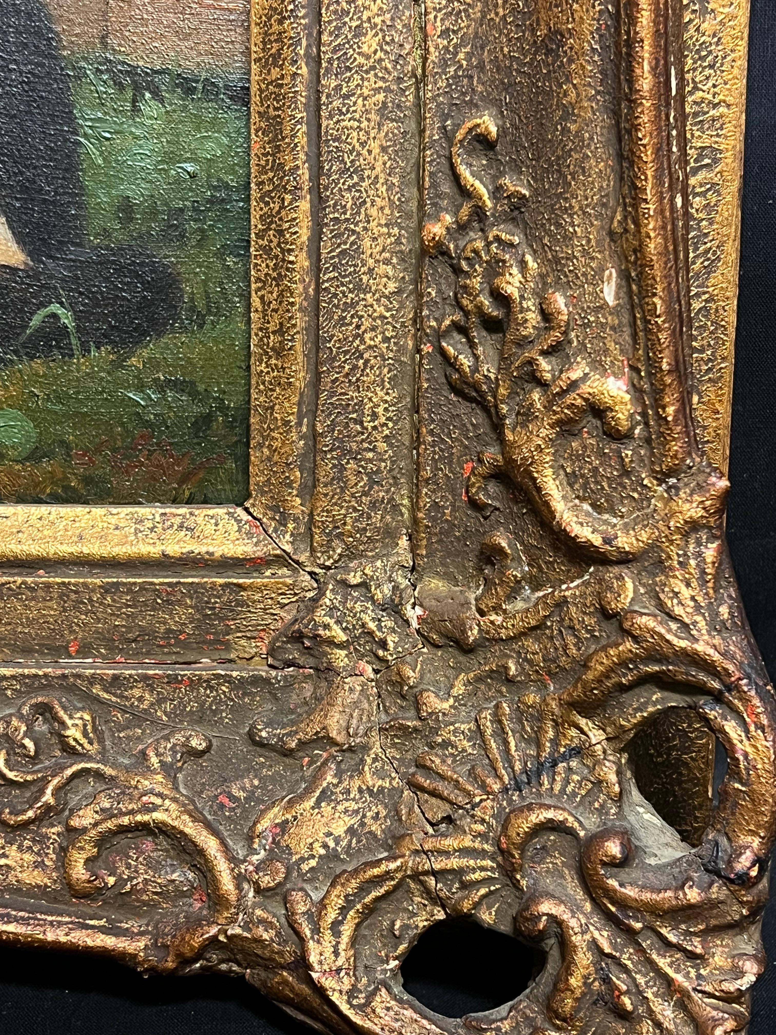 Gatitos jugando con gato Pintura al óleo sobre lienzo firmada en alemán antiguo en venta 3