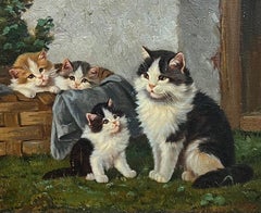 Chatons jouant avec un chat Peinture à l'huile sur toile signée de l'artiste allemand Antique