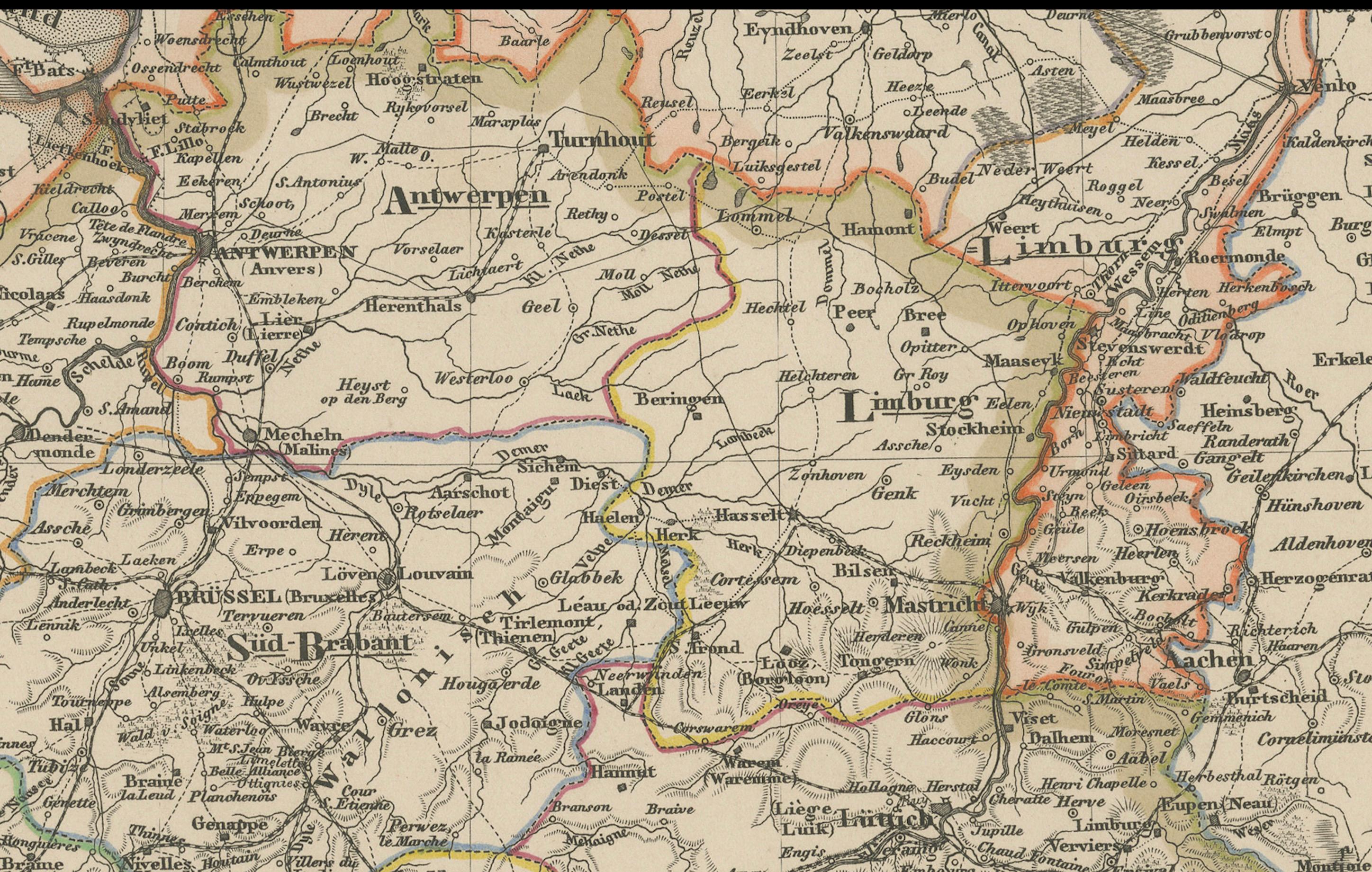 Mapa antiguo del Benelux - Países Bajos, Bélgica y Luxemburgo por Perthes, 1857 Grabado en venta