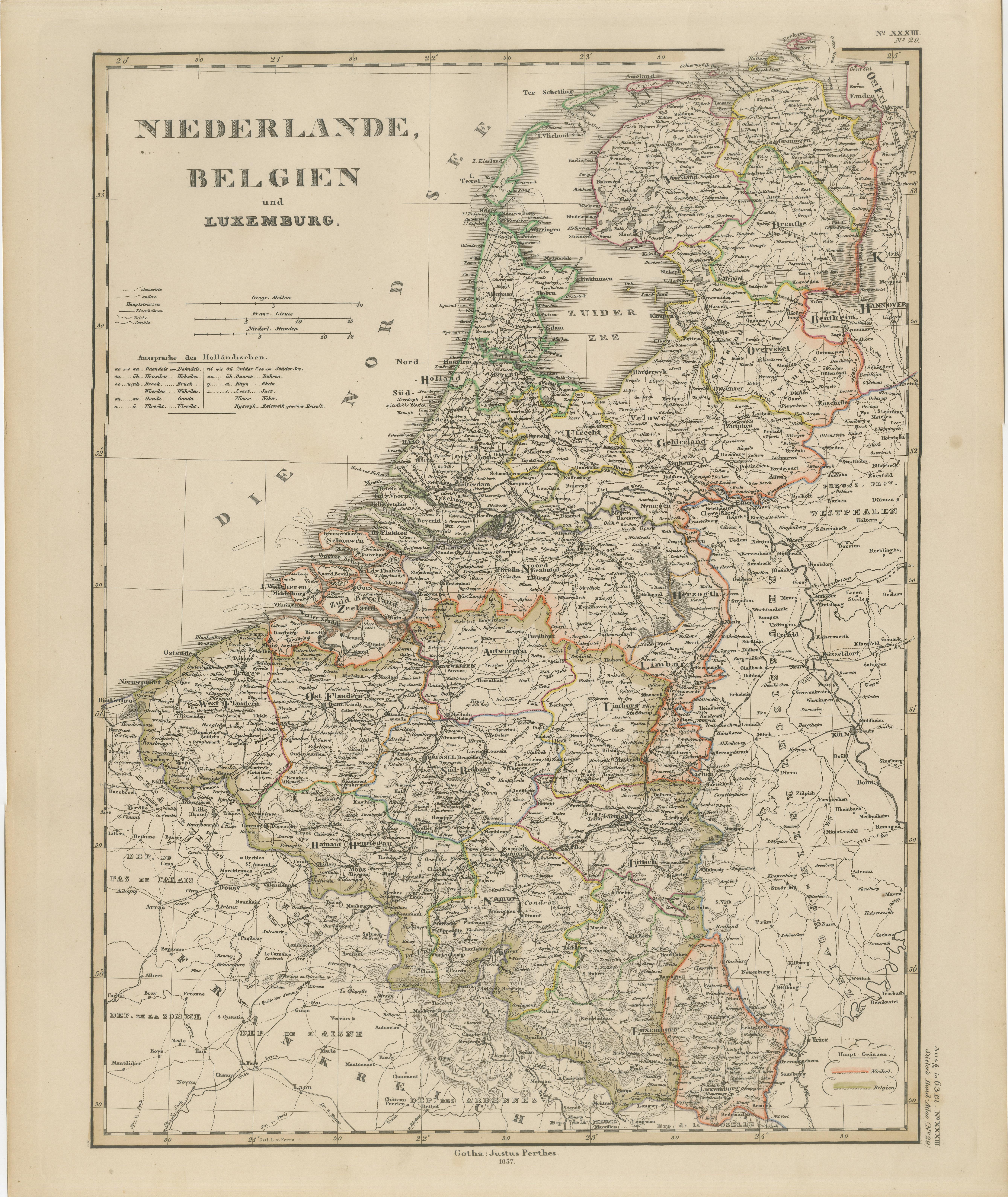 Mapa antiguo del Benelux - Países Bajos, Bélgica y Luxemburgo por Perthes, 1857 en venta