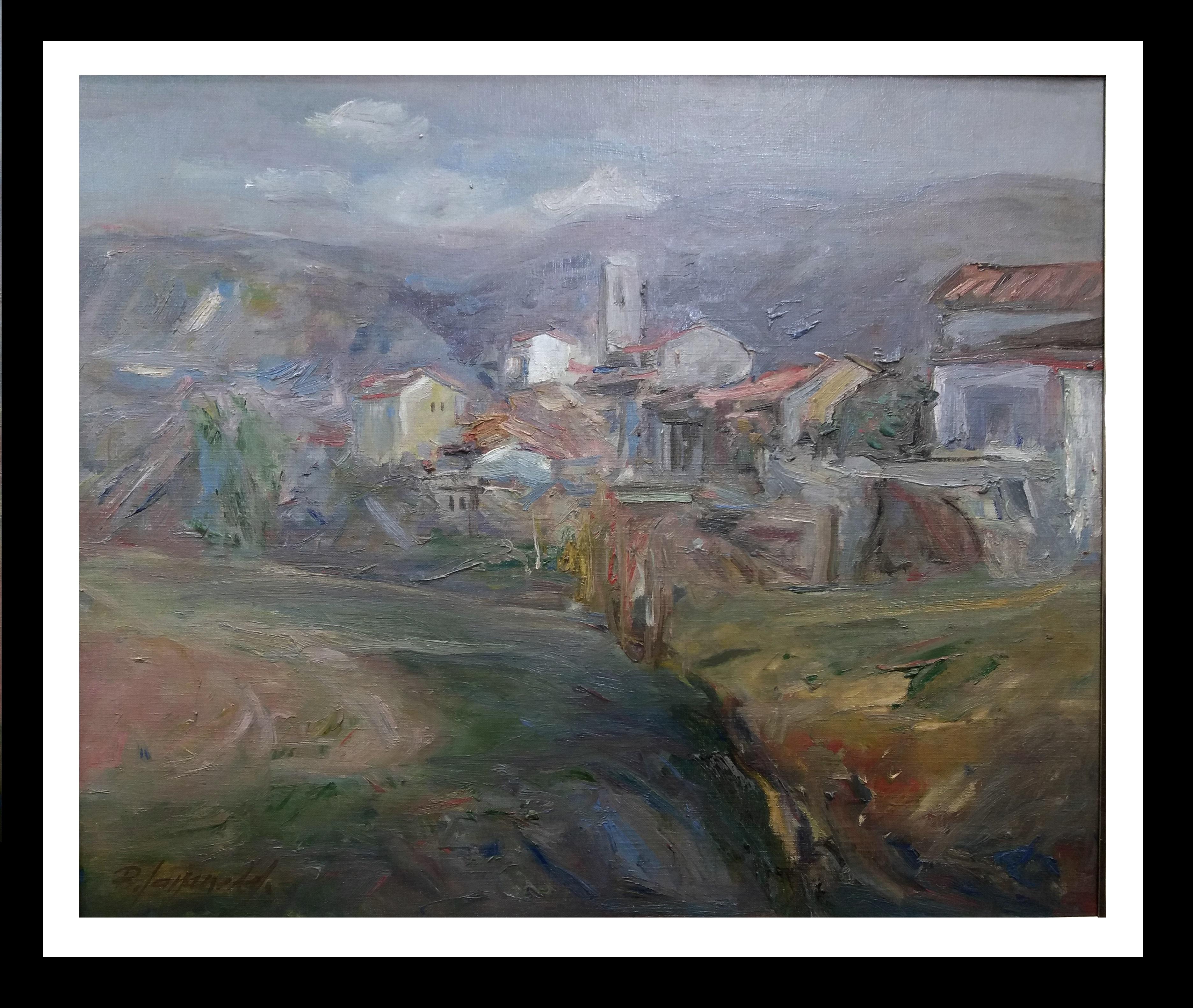 Benet Sarsanedas Landscape Painting - B. Sarsanedas. Mountain village. "Rupit".  Original   canvas painting 1975