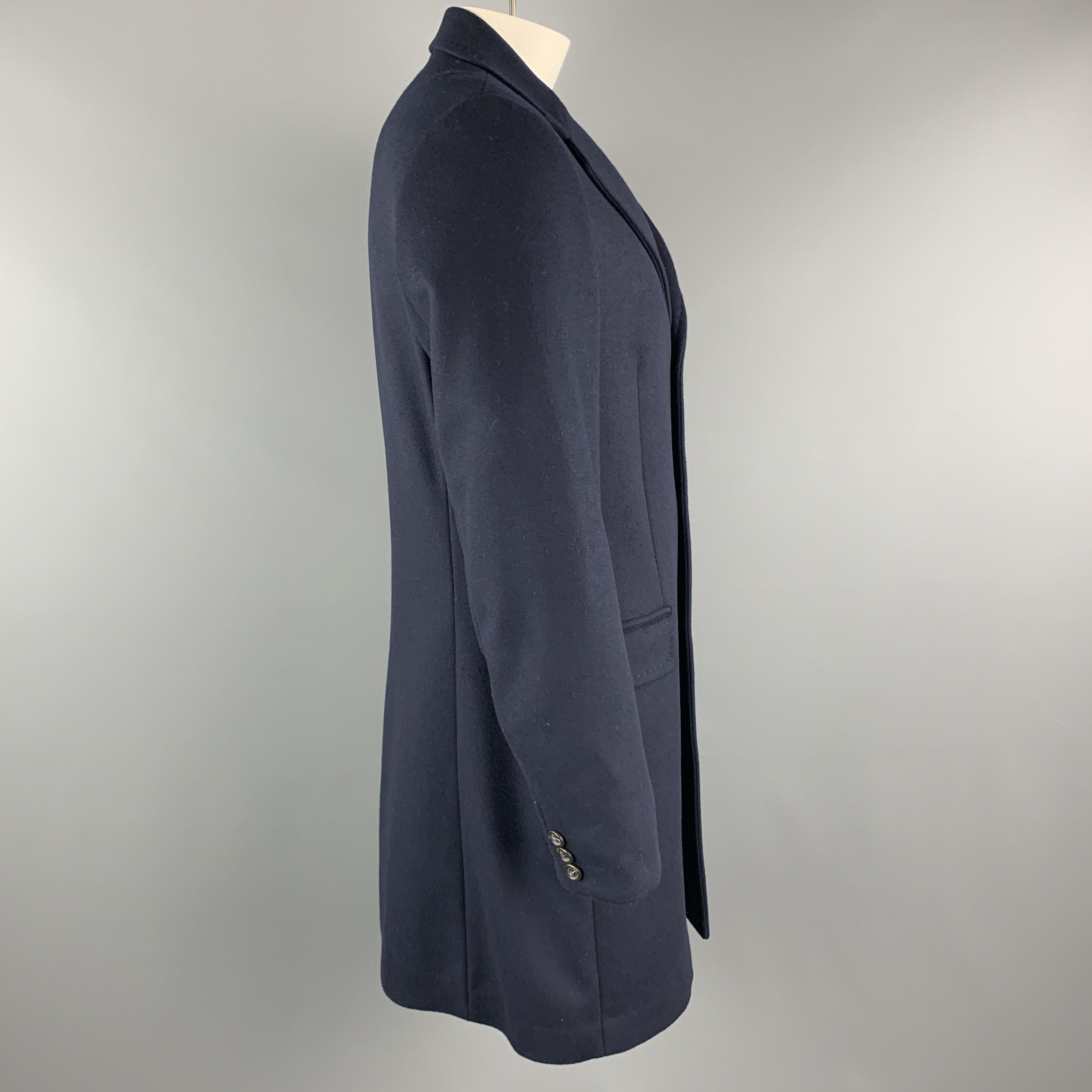 Men's BENETTON Size L Navy Wool Blend Notch Lapel  Long Coat For Sale