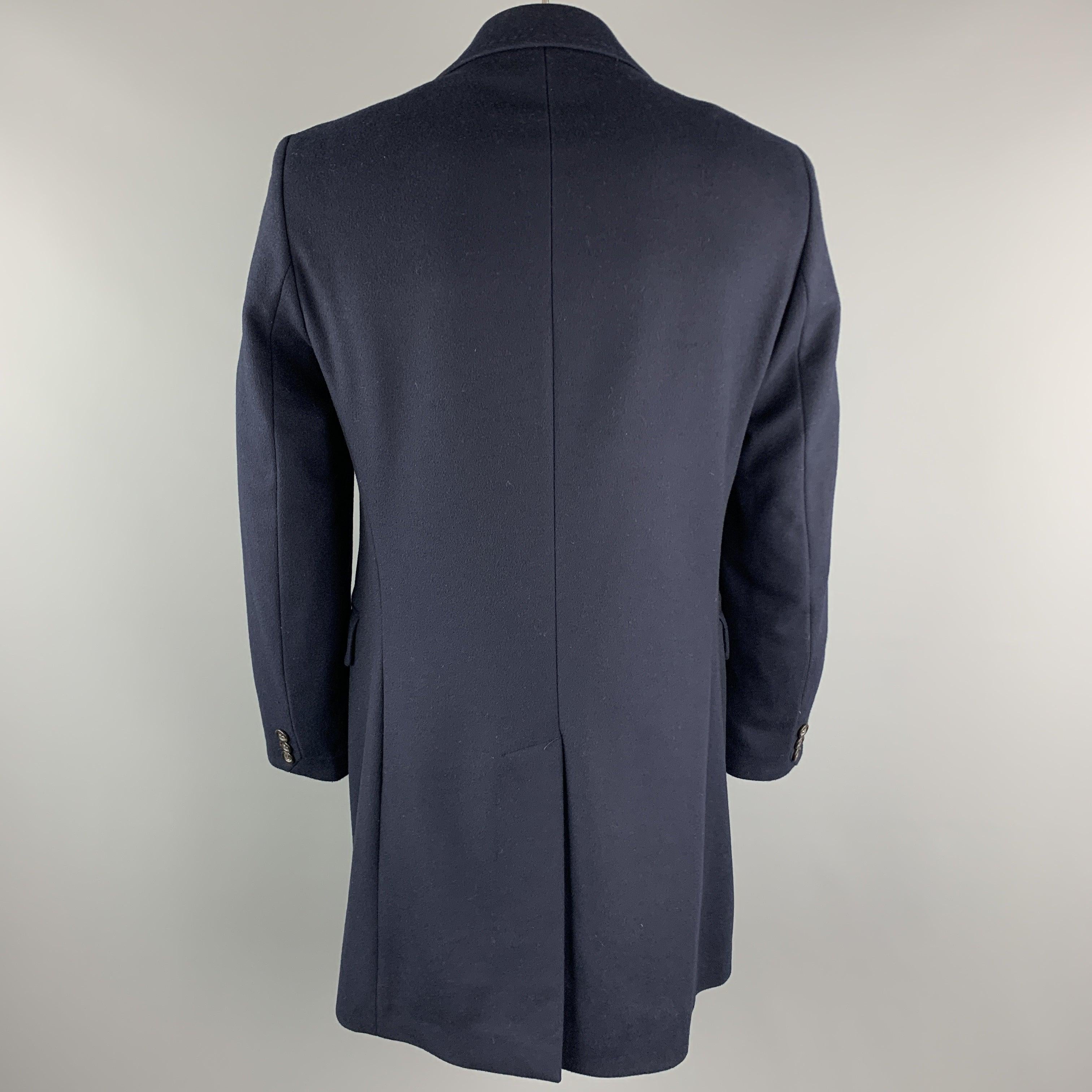 BENETTON Size L Navy Wool Blend Notch Lapel  Long Coat For Sale 1