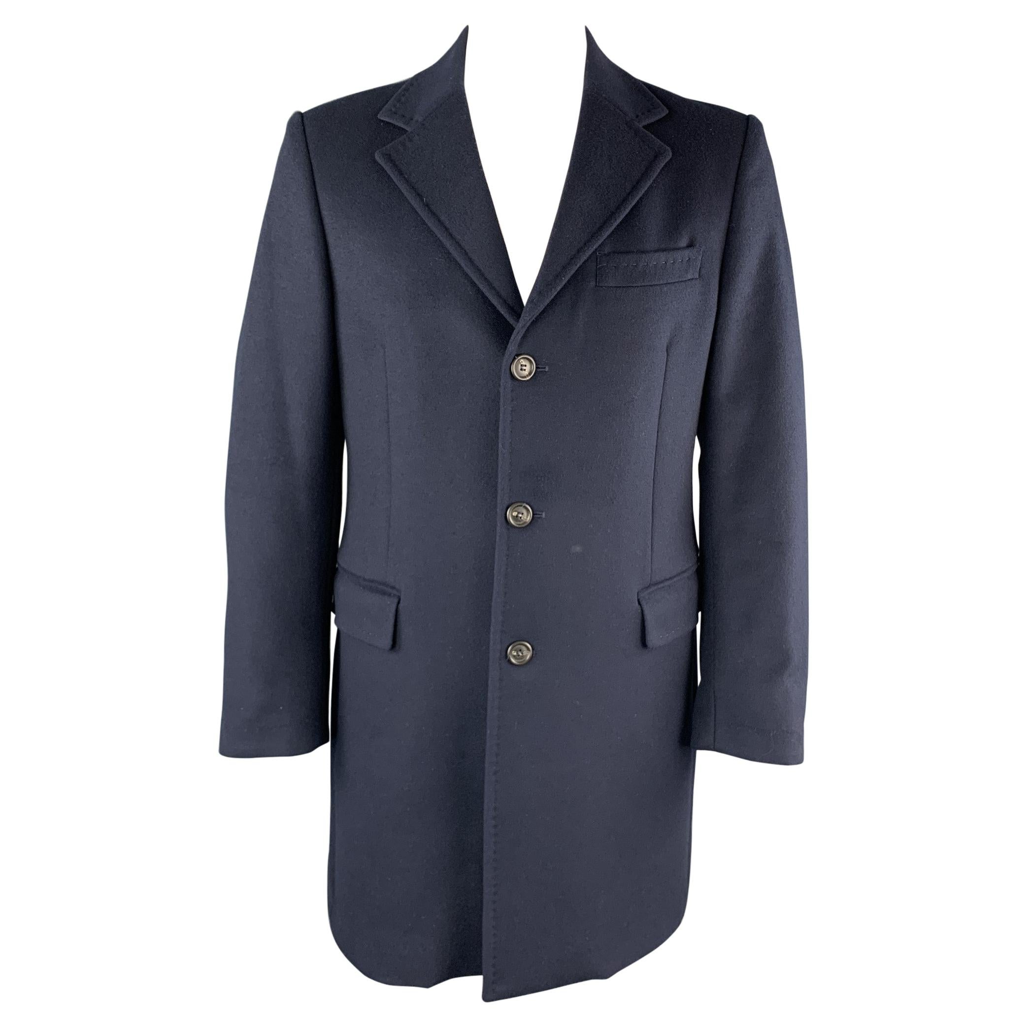 BENETTON Size L Navy Wool Blend Notch Lapel Long Coat