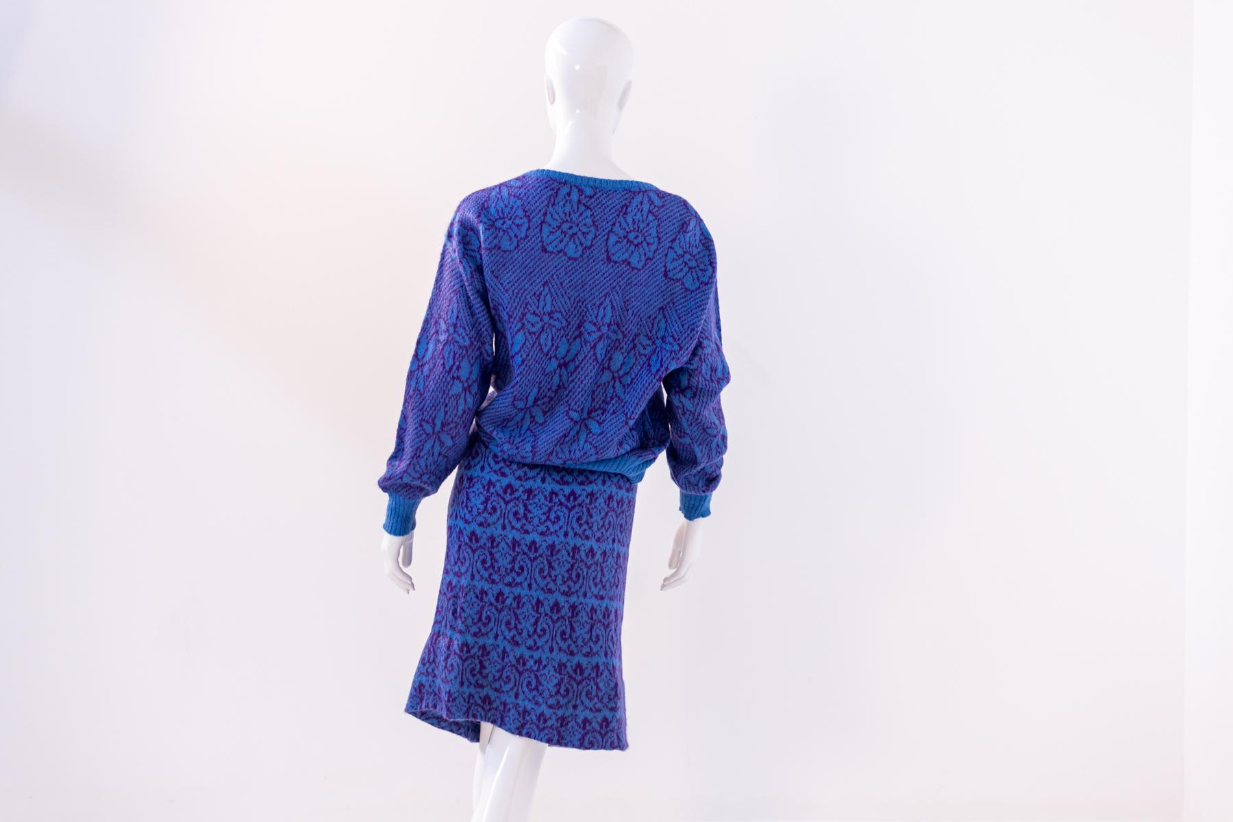 Benetton Vintage Blue Wool Skirt Suit For Sale 2