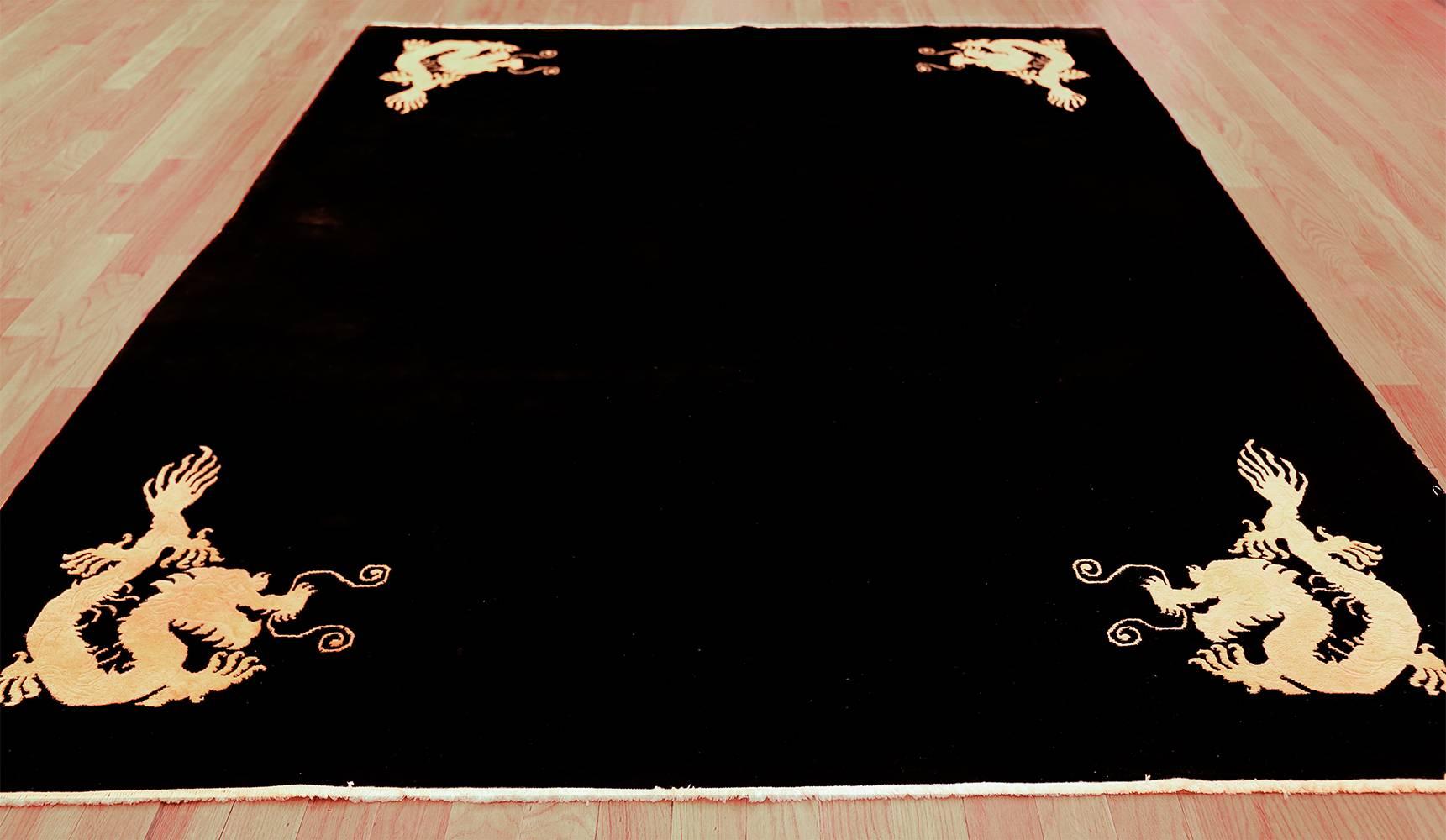 Benevolent Five Clawed Dragon Design Black Antique Chinese Rug. Size: 7' x 9' 6