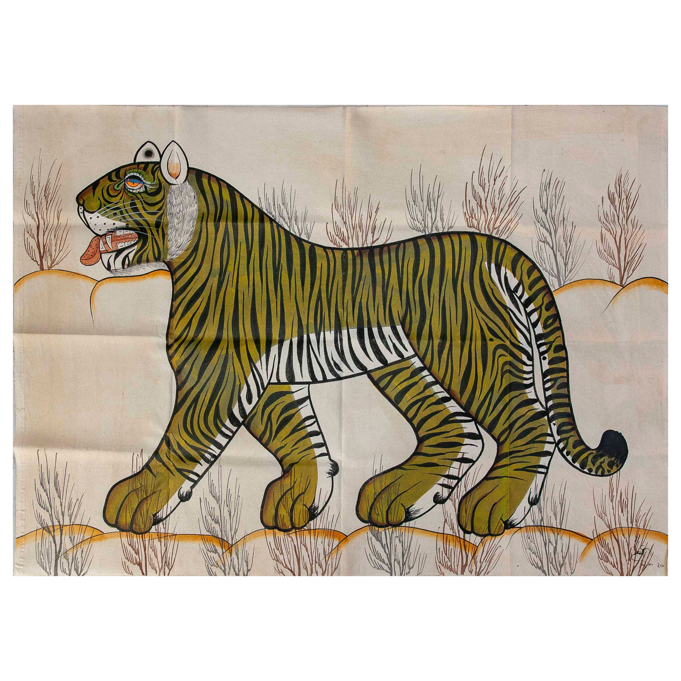 Bengal Tiger Hand Painting, 1970s, Vintage Wall Art, 88x124 cm