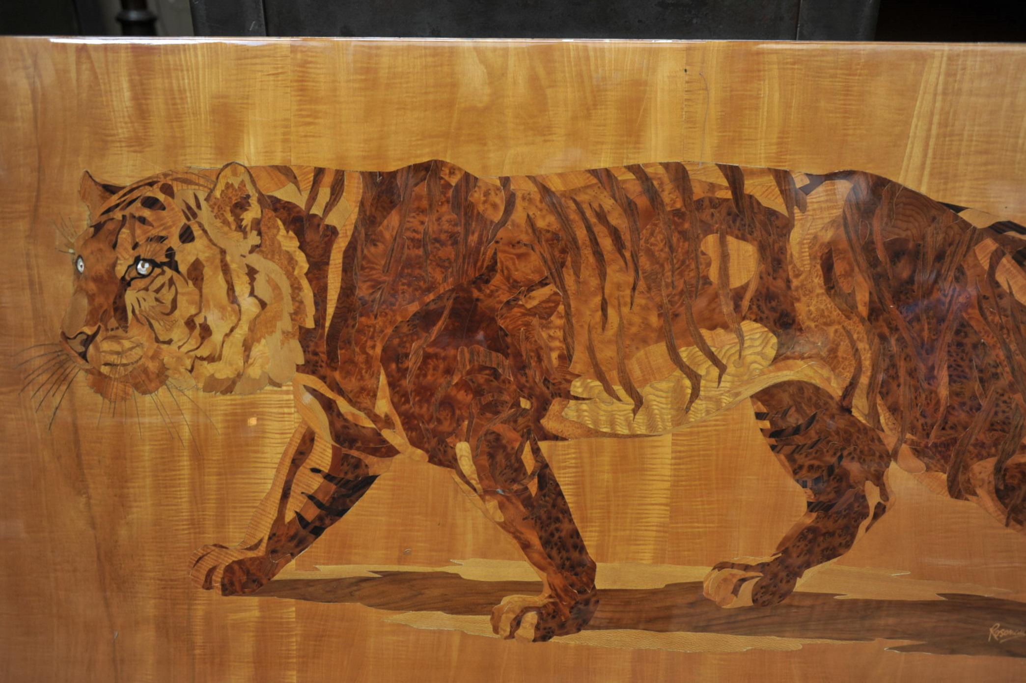 Bengal Tiger in Marquetry Wood Pannel Signed Pierre Rosenau, circa 1930 For Sale 3