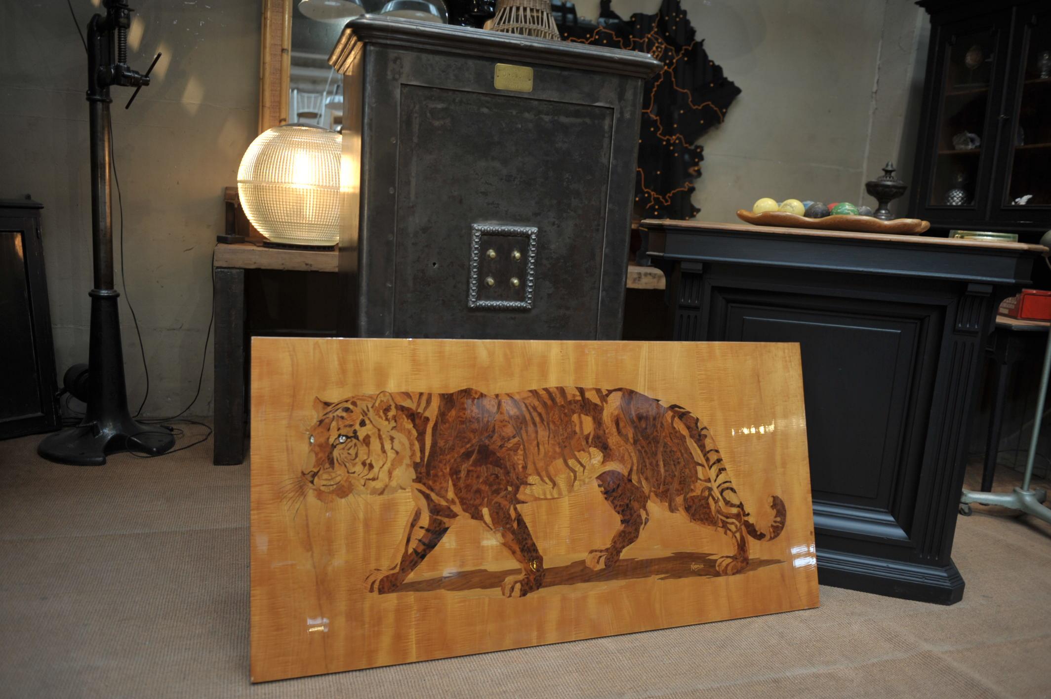 Large Bengal Tiger in great Marquetry work of precious woods. Signed Pierre Rosenau circa 1930 French polish varnish all in excellent condition. Weight 10 kg
  