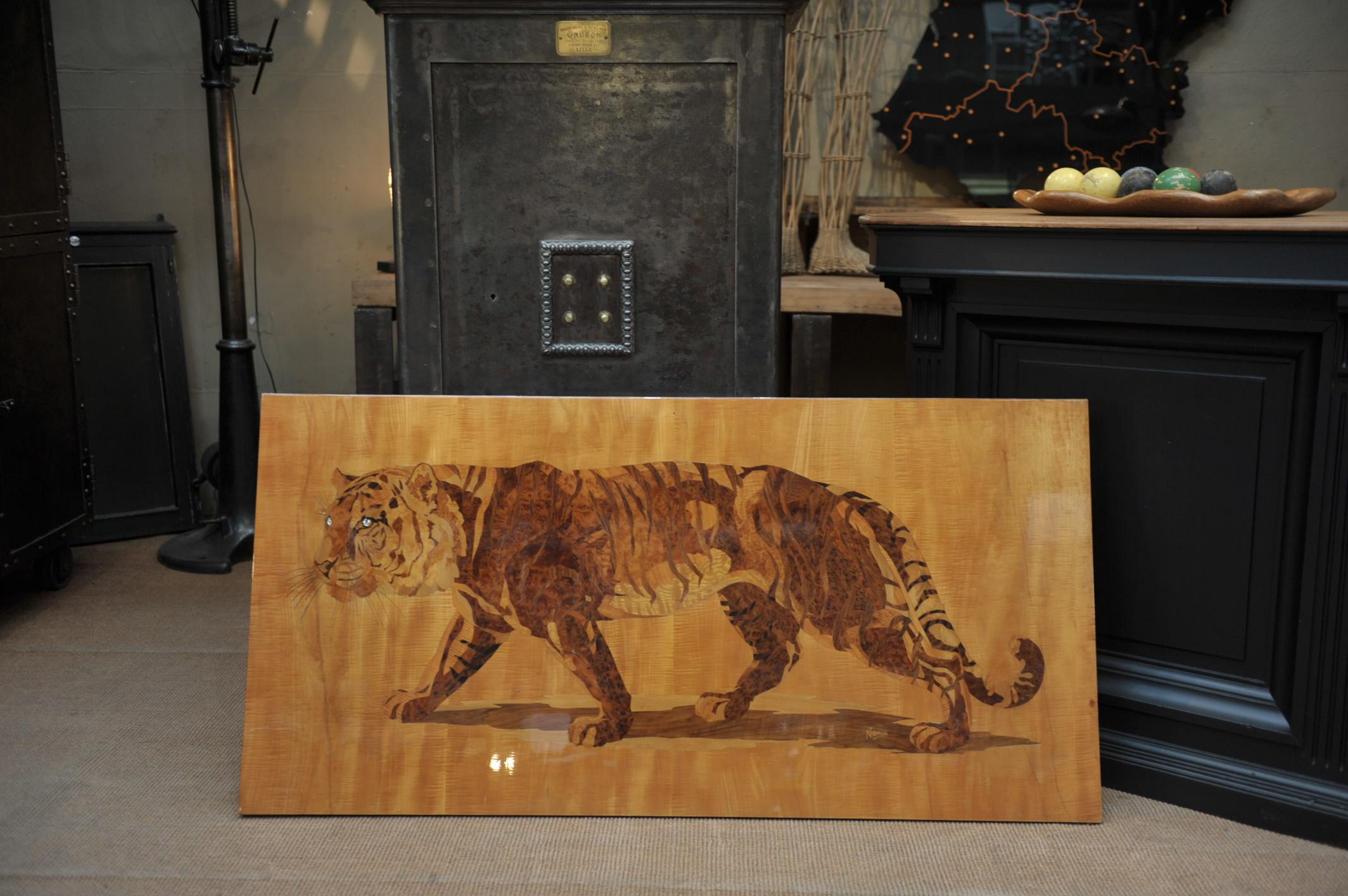 Art Deco Bengal Tiger in Marquetry Wood Pannel Signed Pierre Rosenau, circa 1930 For Sale