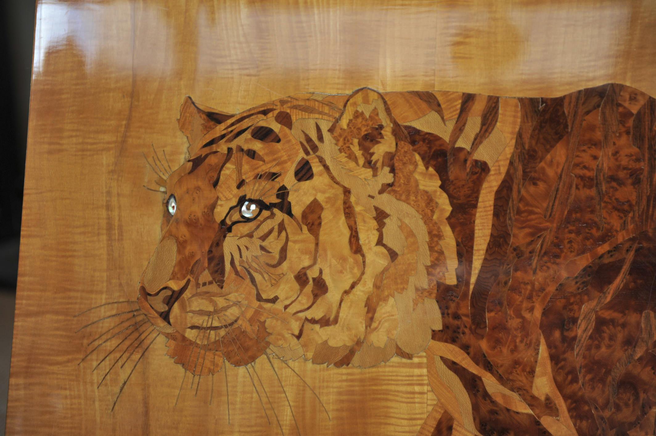 French Bengal Tiger in Marquetry Wood Pannel Signed Pierre Rosenau, circa 1930 For Sale