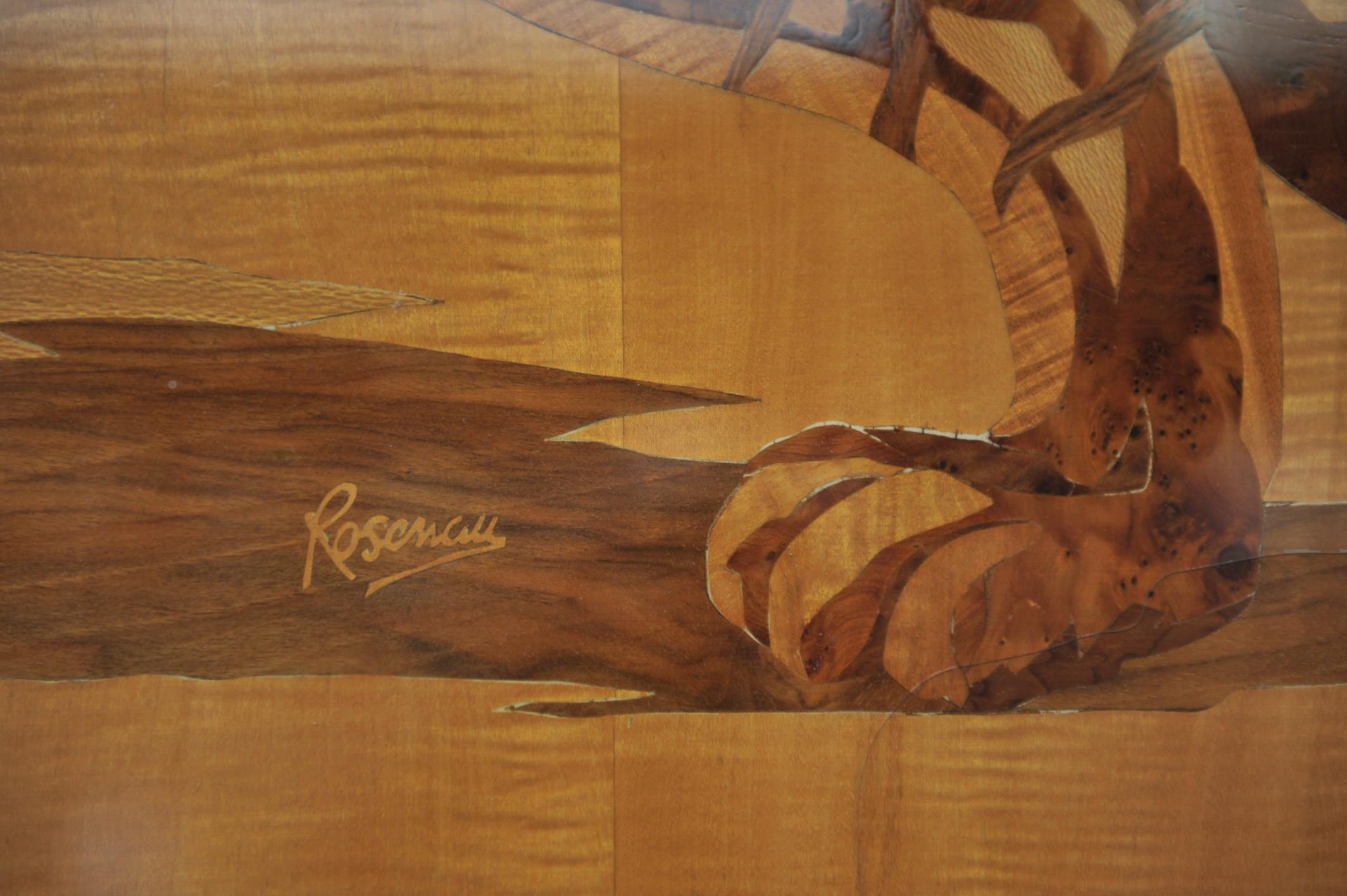 Bengal Tiger in Marquetry Wood Pannel Signed Pierre Rosenau, circa 1930 In Good Condition For Sale In Roubaix, FR