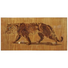 Bengal Tiger in Marquetry Wood Pannel Signed Pierre Rosenau, circa 1930