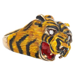 Bengal Tiger Ring Vintage 14 Karat Yellow Gold Animal Jewelry Enamel Estate