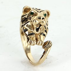 Bengal Tiger Ring Vintage 14k Yellow Gold Black Enamel Estate Animal Jewelry
