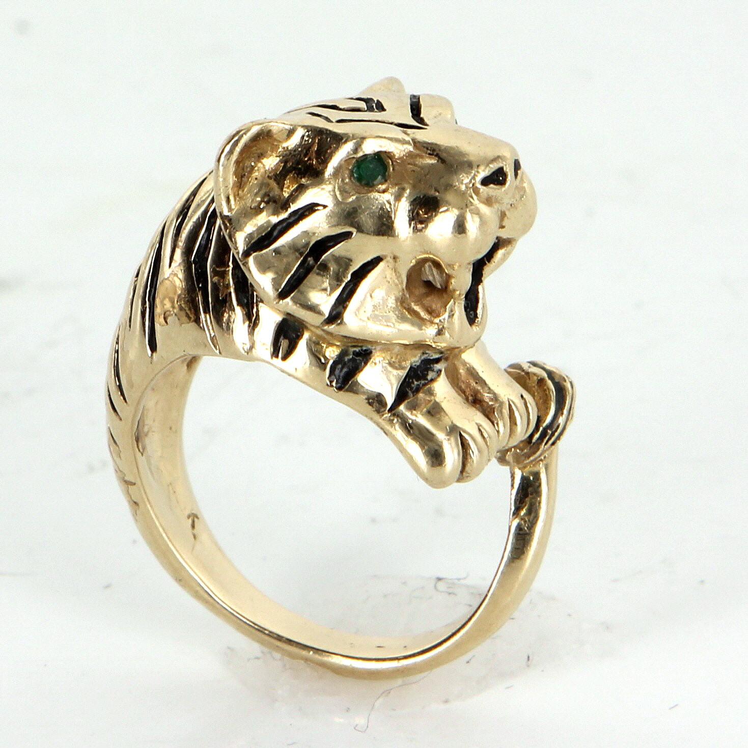 Bengal Tiger-Ring Vintage 14k Gelbgold Schwarz Emaille Nachlass Tierschmuck (Moderne) im Angebot