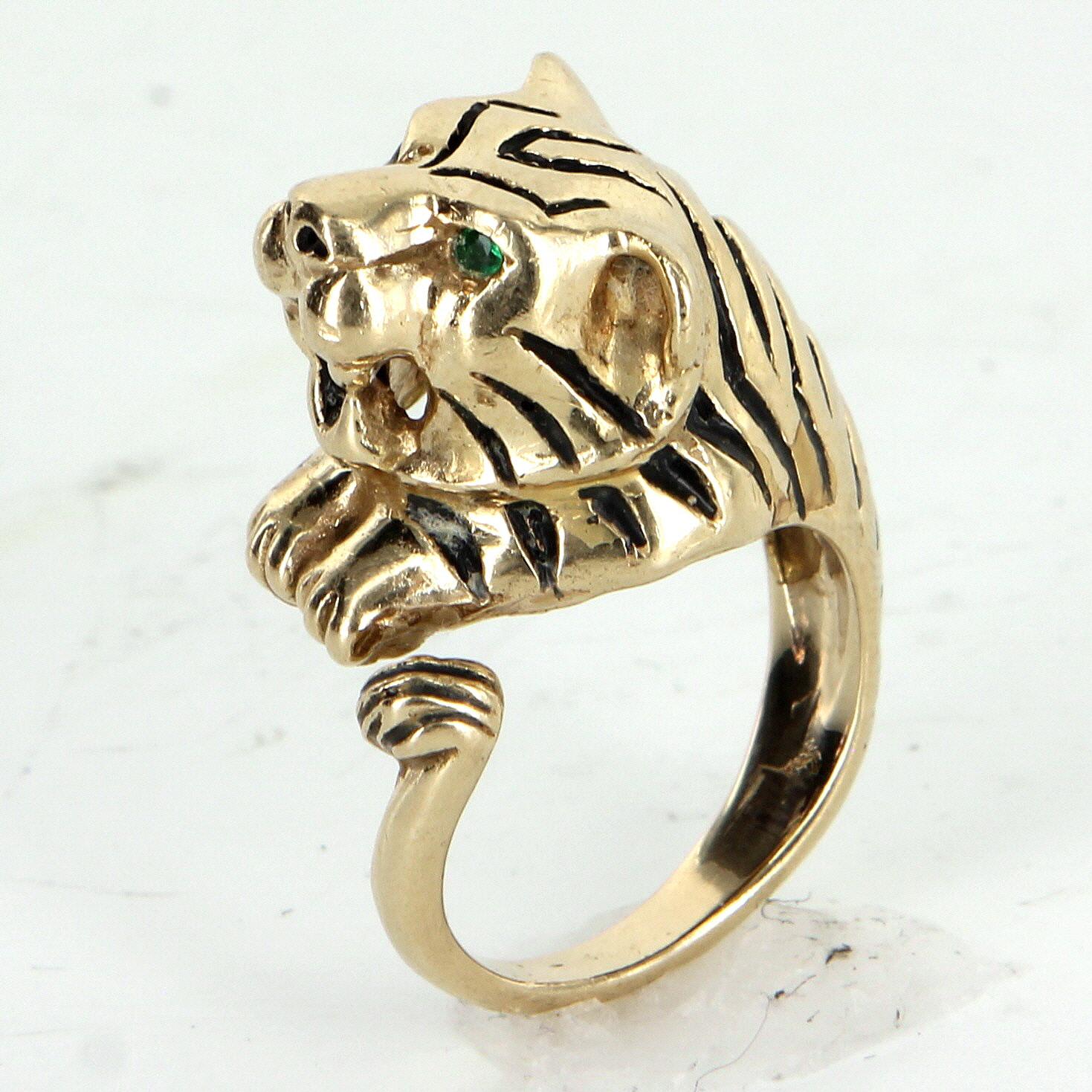 Bengal Tiger-Ring Vintage 14k Gelbgold Schwarz Emaille Nachlass Tierschmuck (Rundschliff) im Angebot