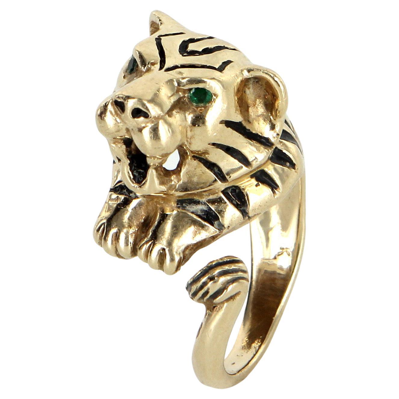 Bengal Tiger Ring Vintage 14k Yellow Gold Black Enamel Estate Animal Jewelry For Sale