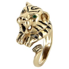 Bague tigre Bengale vintage en or jaune 14 carats et émail noir Estate Animal Jewelry