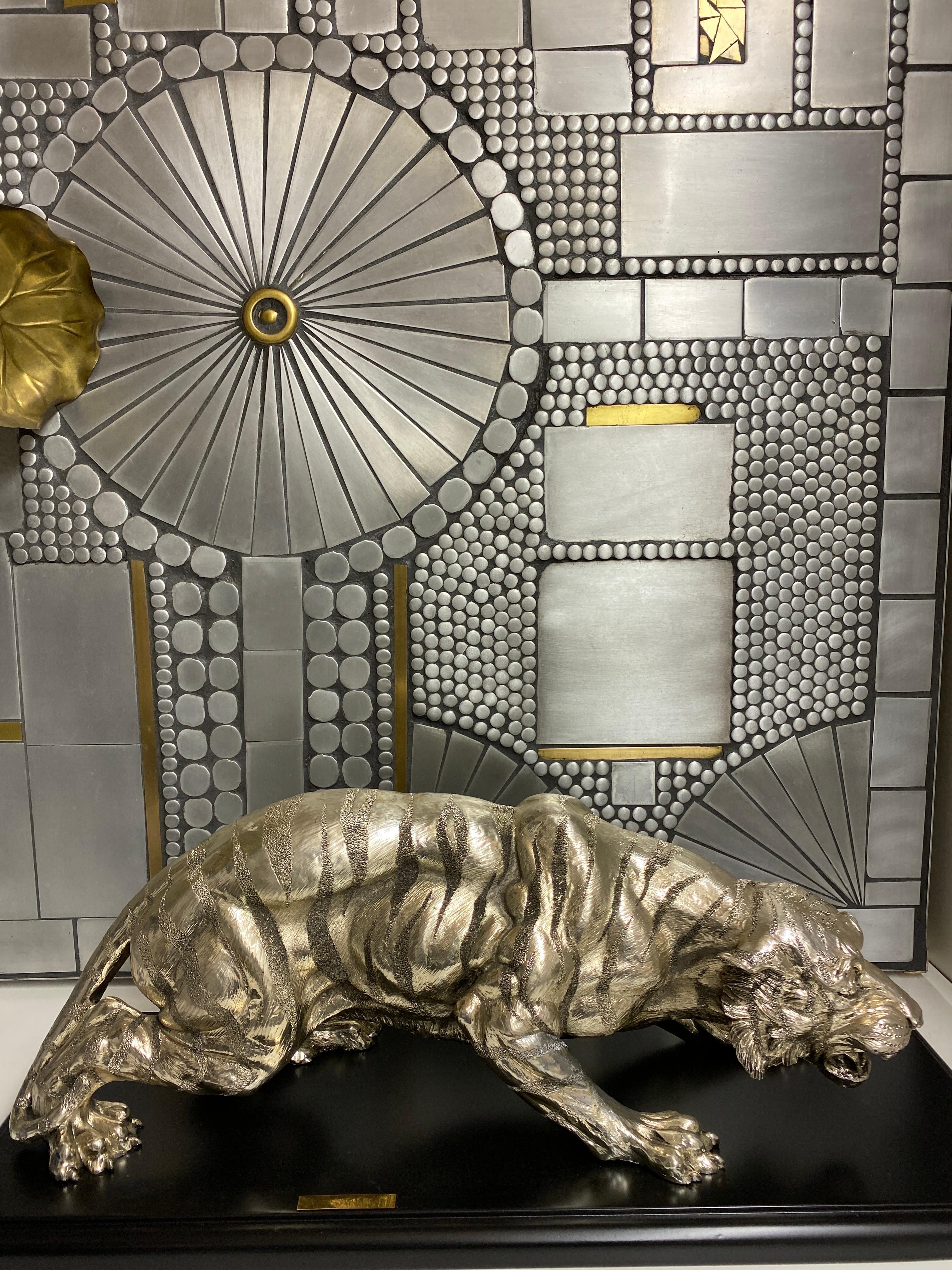 Bengal Tiger sculpture by Santini made of silver electroplated cast composite and mounted on wooden base.