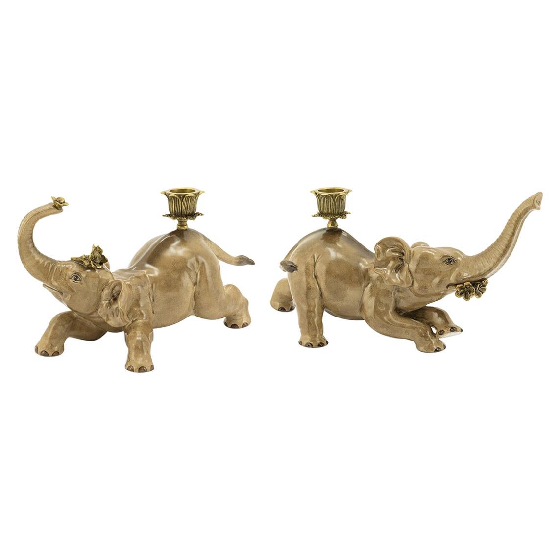 Bengali Elephant Set of 2 Candleholders For Sale