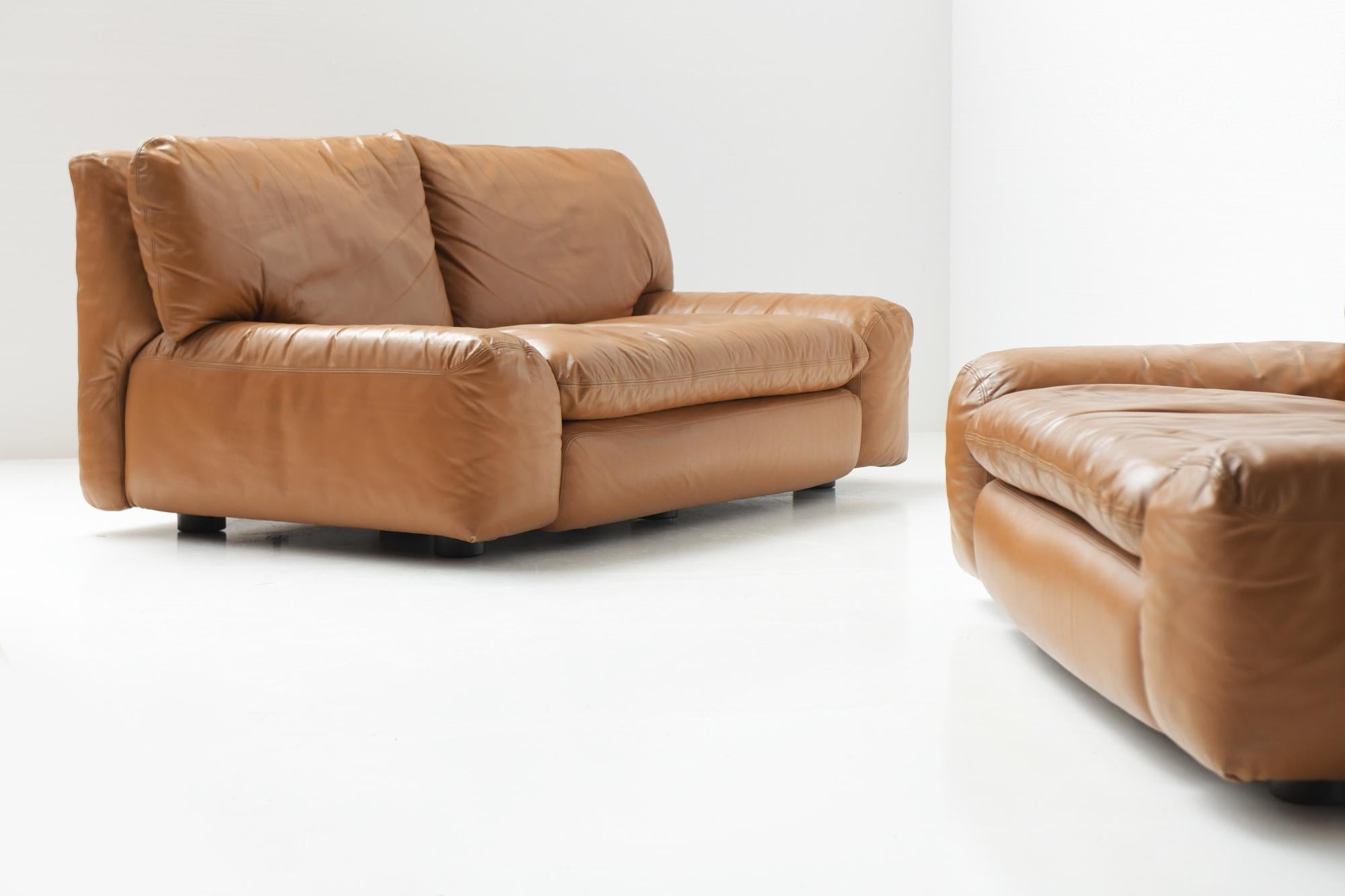 Cognacfarbene Vintage-Sofa aus Leder von Cini Bouri für Arflex Italien im Angebot 8