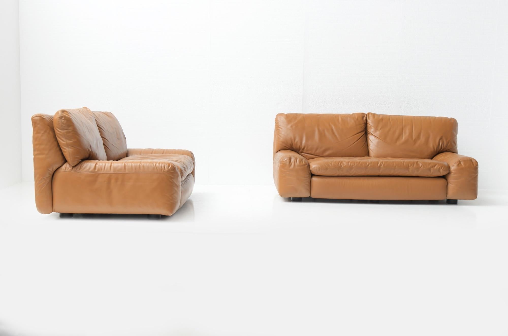 Bengodi Vintage Cognac Leather Sofas by Cini Bouri for Arflex Italy For Sale 10