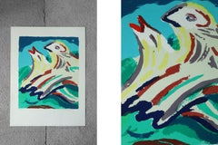 Fåglar Color Lithograph, Signed, Scandinavian Modern, Circa 1960s
