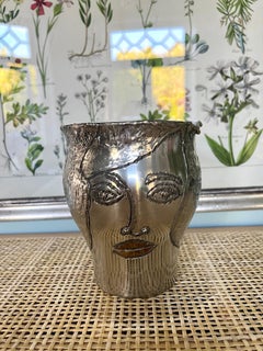 Bengt Berggren Brutalist Scandinavian Modern Pewter Vase w. Female Faces, 1990s