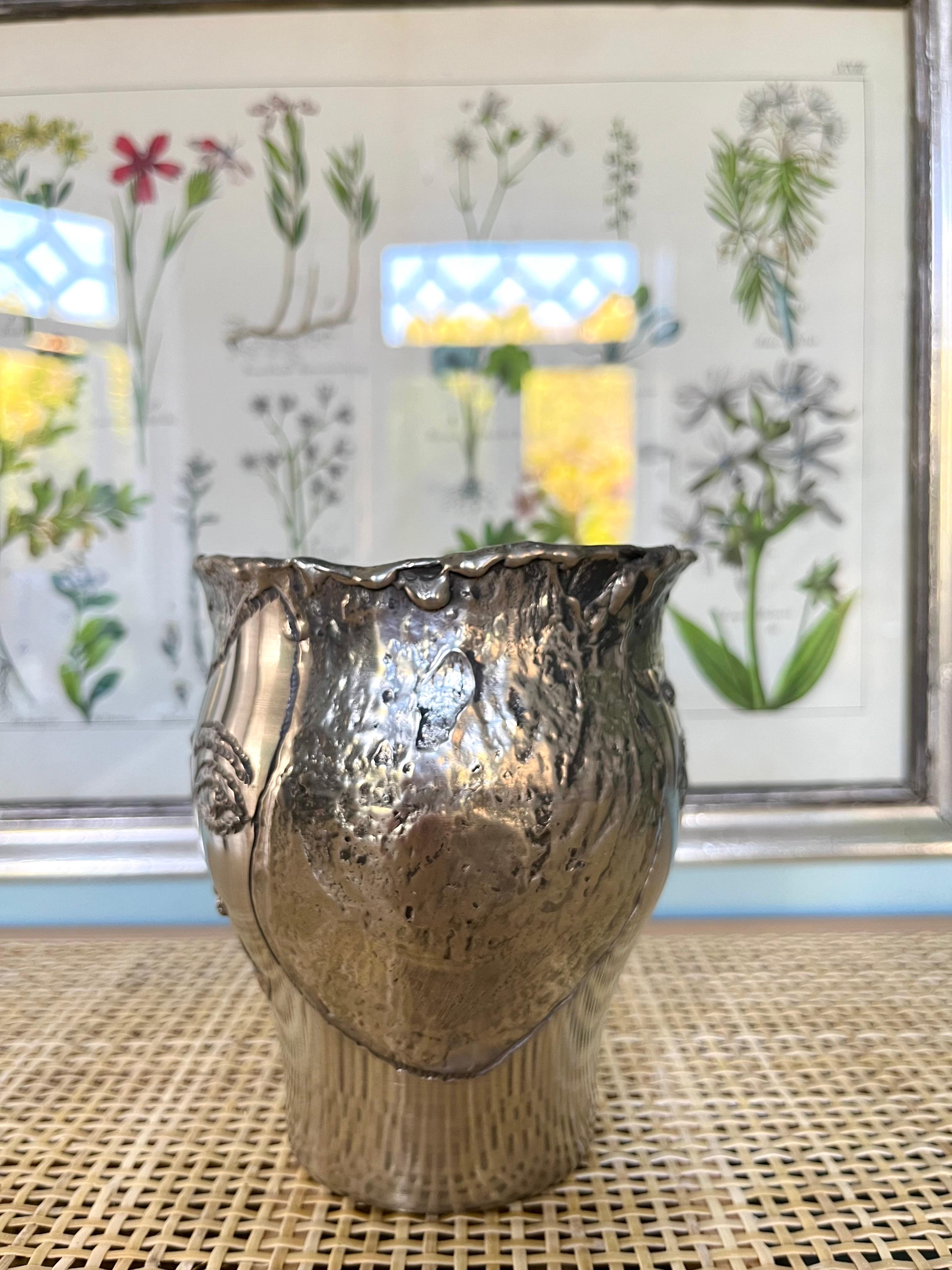 Swedish Bengt Berggren Brutalist Scandinavian Modern Pewter Vase w. Female Faces, 1990s For Sale