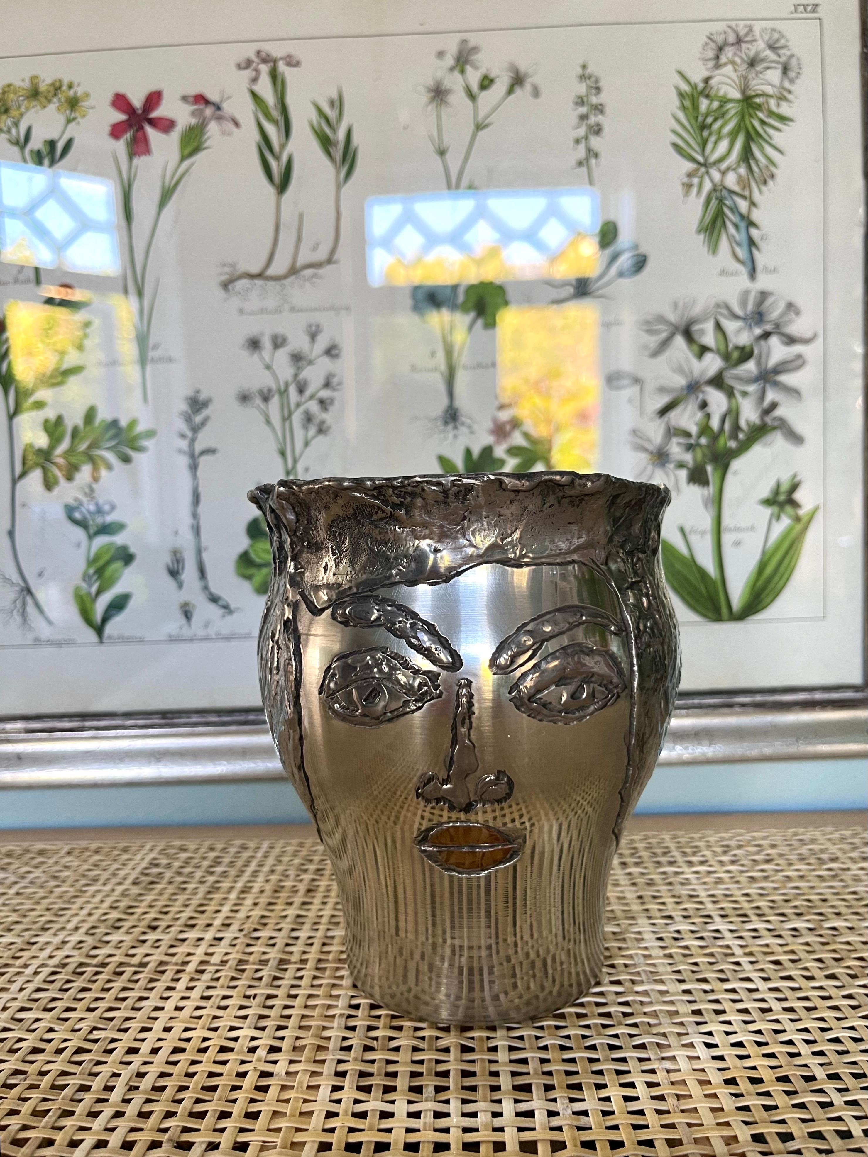 20th Century Bengt Berggren Brutalist Scandinavian Modern Pewter Vase w. Female Faces, 1990s For Sale