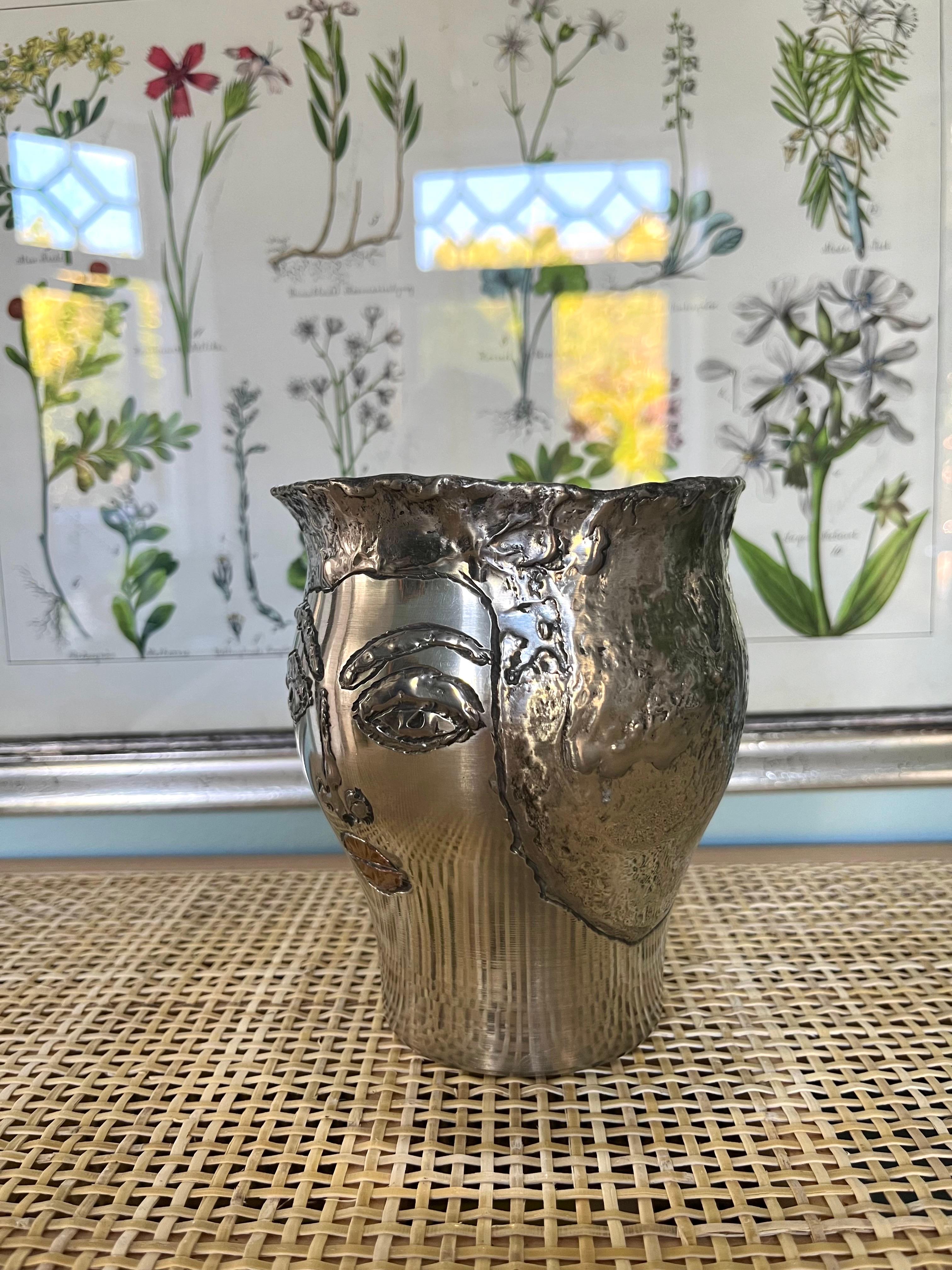 Bengt Berggren Brutalist Scandinavian Modern Pewter Vase w. Female Faces, 1990s For Sale 1