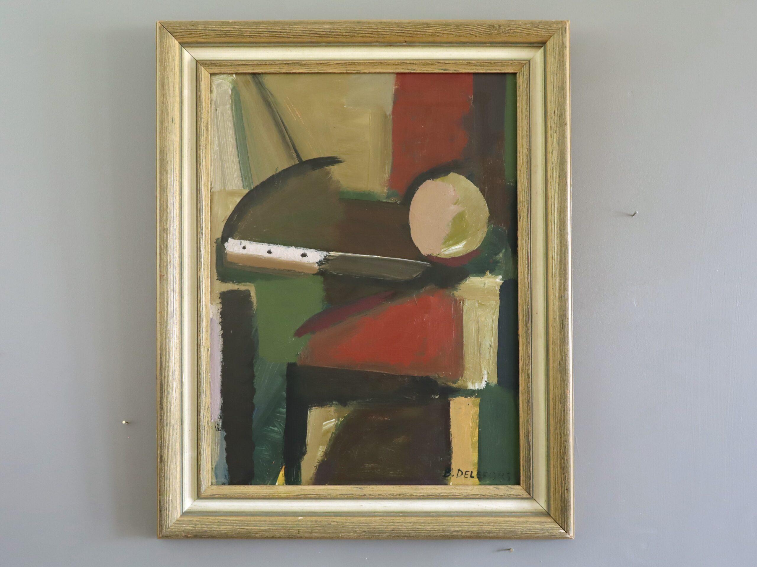 Mid Century Modern Swedish Abstract Still Life Oil Painting -Constructed Balance - Brown Abstract Painting by Bengt Delefors