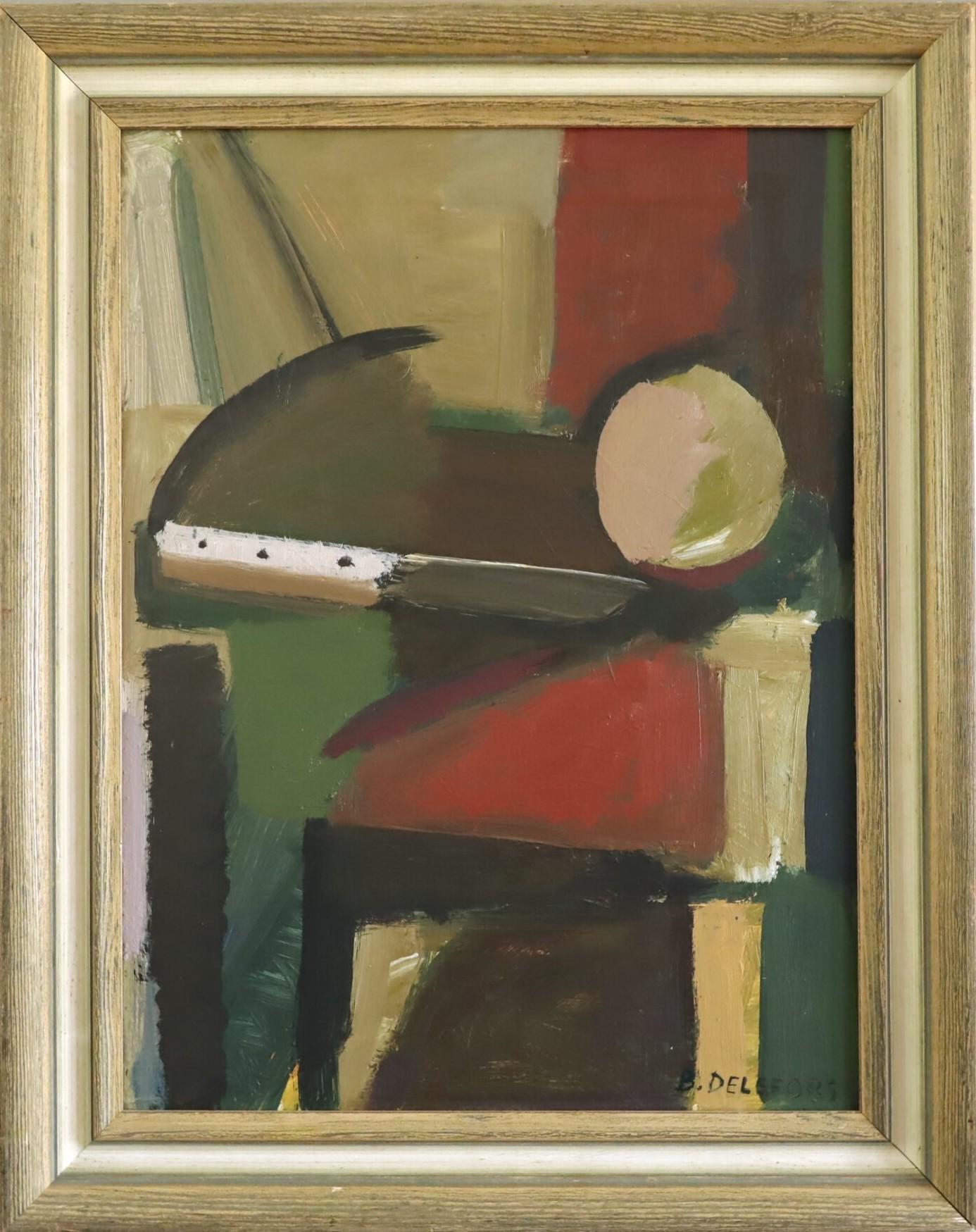 Bengt Delefors Abstract Painting - Mid Century Modern Swedish Abstract Still Life Oil Painting -Constructed Balance