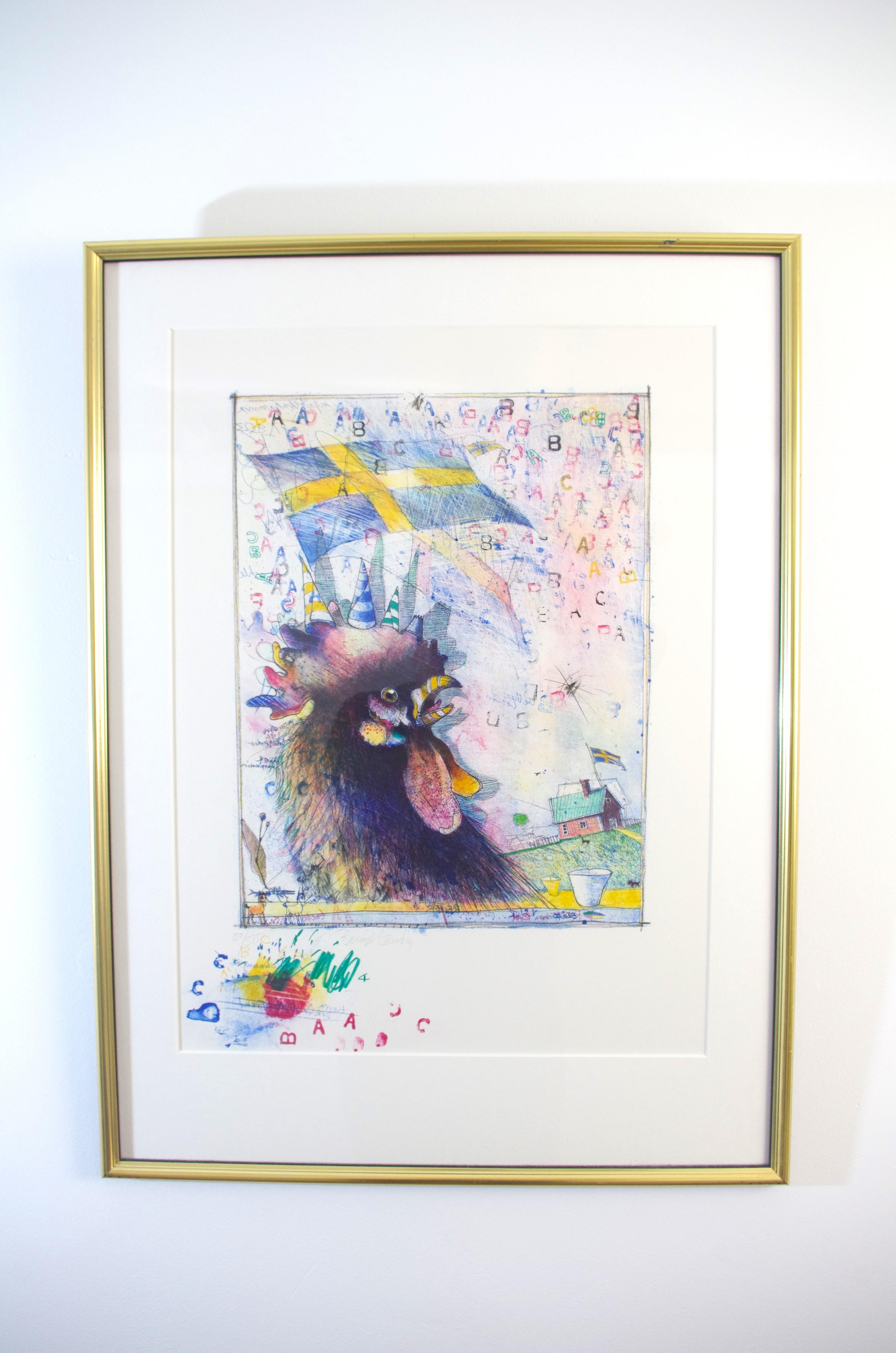 Product Description:
The lithography on offer here has been designed by Bengt Landin. Bengt Landin, born in 1933 in Stockholm Sweden, is famous for his colorful paintings. Often he depicts ducks and roosters (like in this litho) and uses symbols of