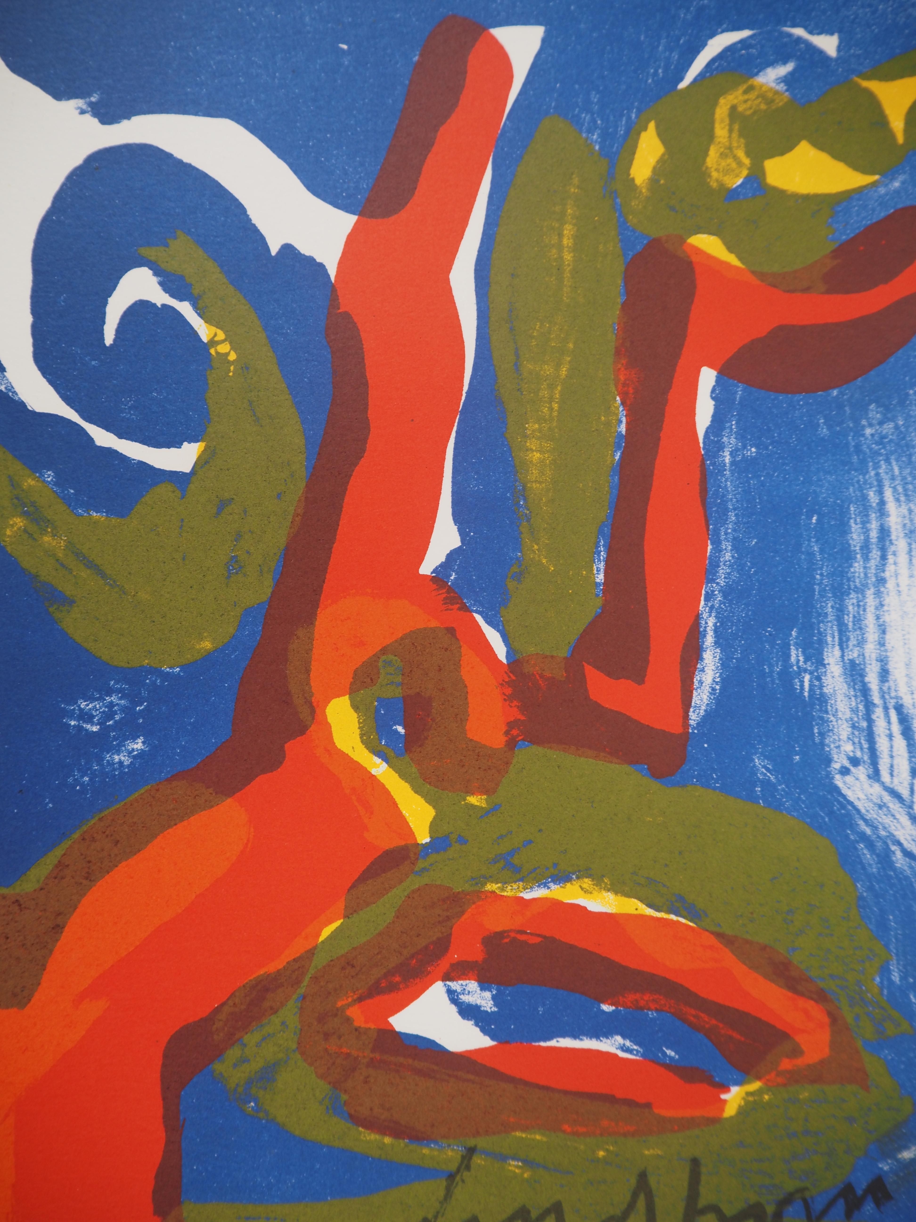 Expressionniste Bleu Face - Lithographie originale - Gris Figurative Print par Bengt Lindström