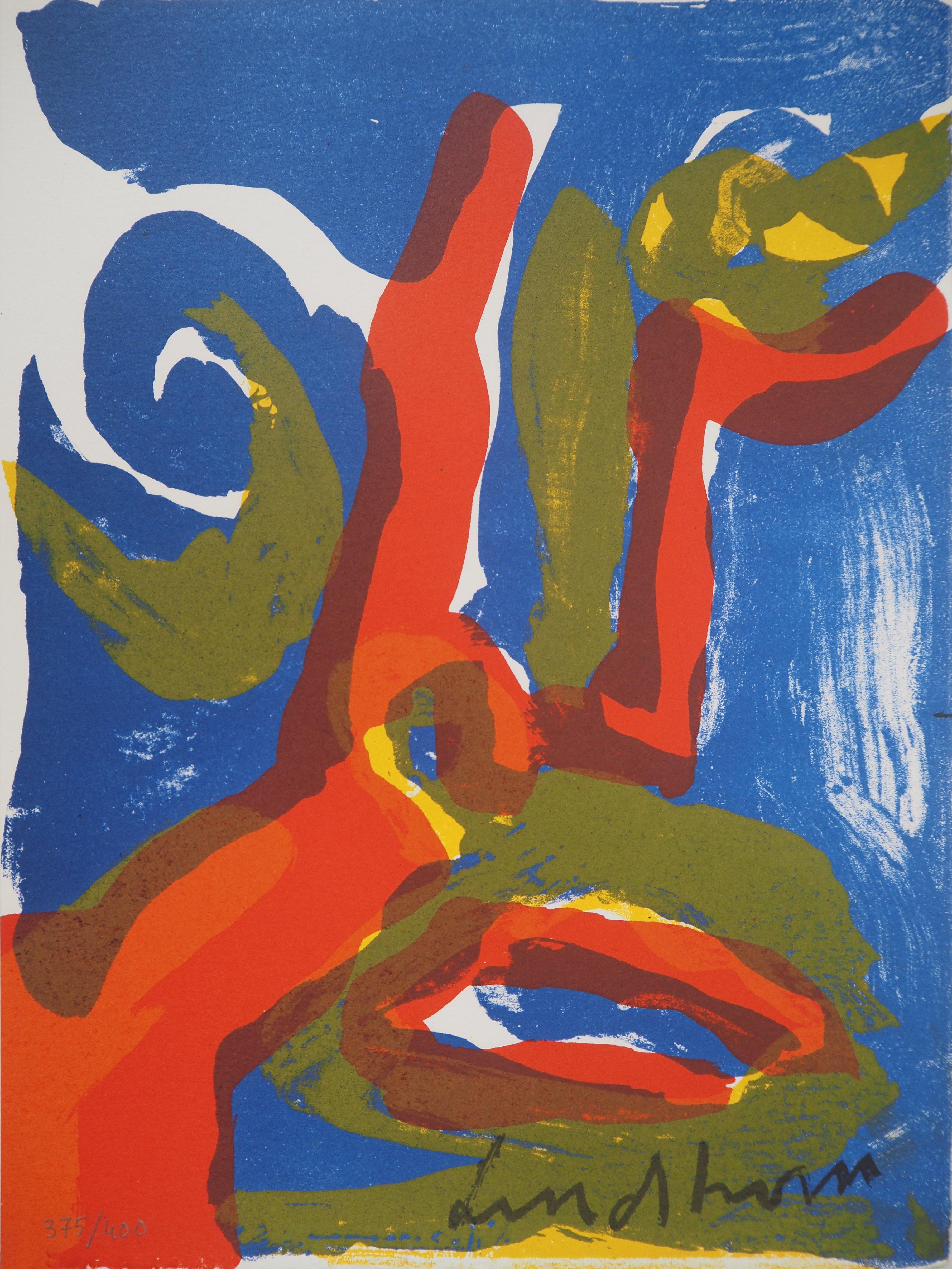 Bengt Lindström Figurative Print - Expressionist Blue Face - Original lithograph