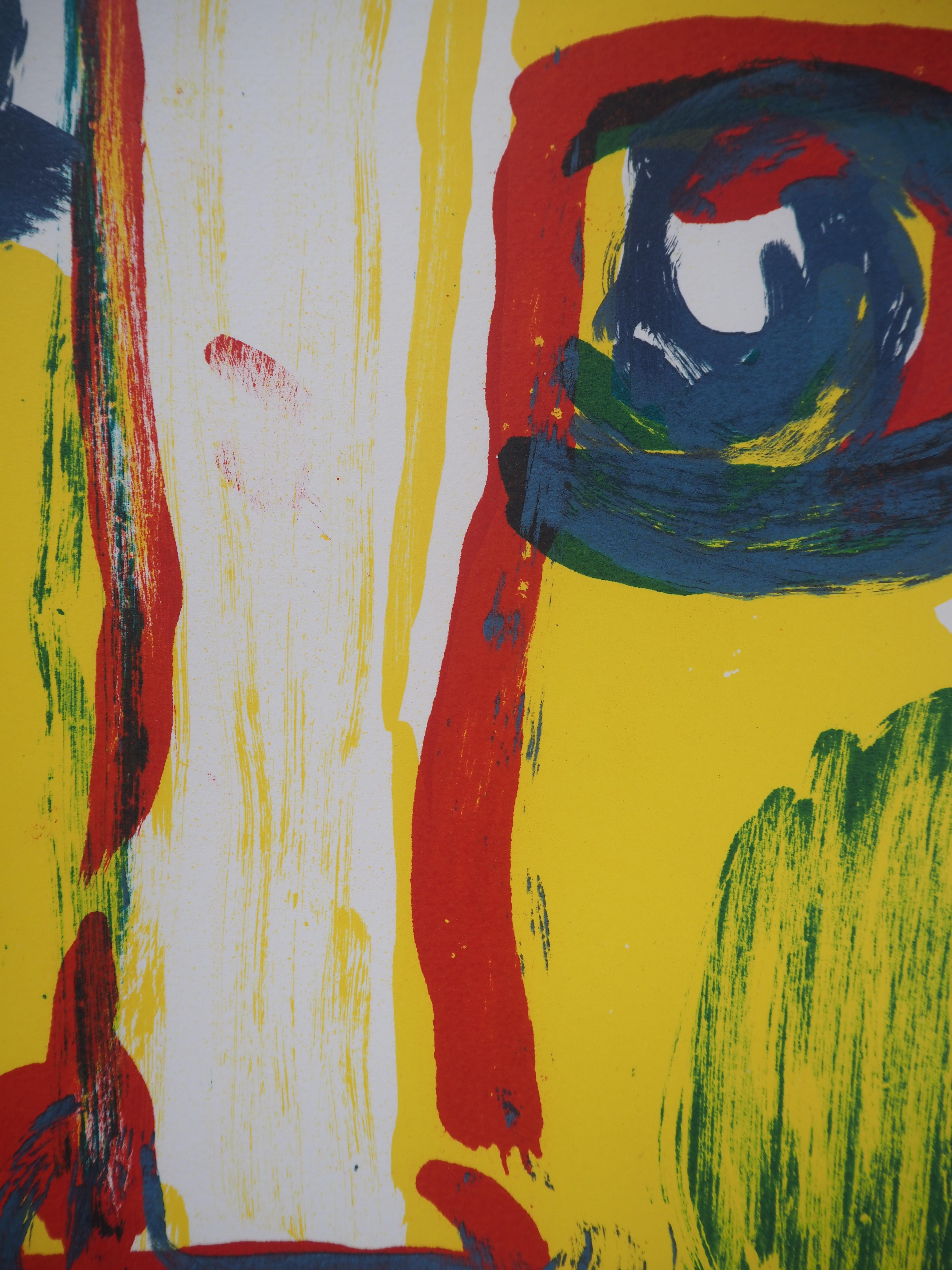 Totem Portrait in Yellow - Original lithograph - Expressionist Print by Bengt Lindström